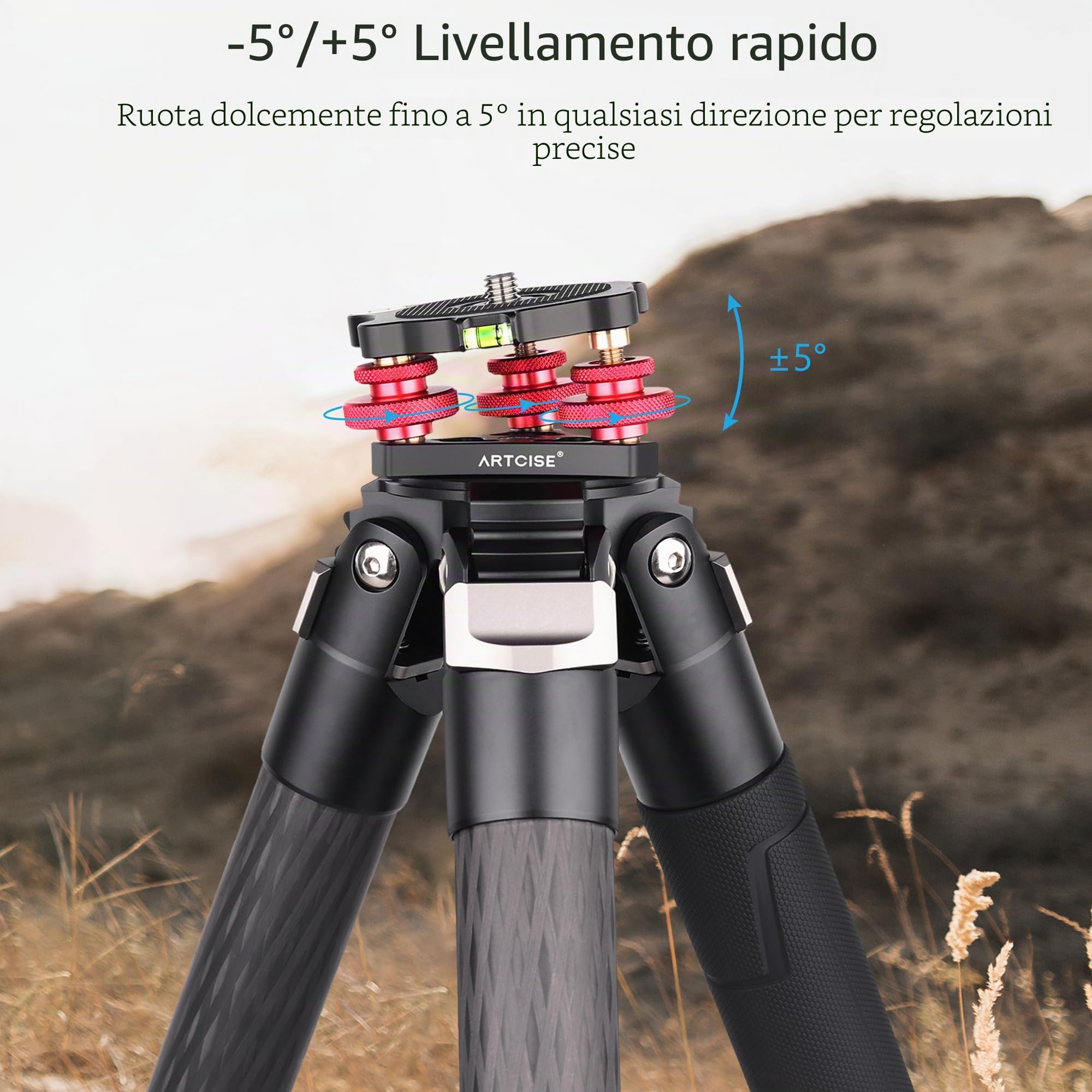 Base di livellamento per treppiede ARTCISE, testa a tre ruote a 3 assi in lega di alluminio, filettatura da 3/8", regolazione precisa dell'angolo +/-5° per la fotografia panoramica macro