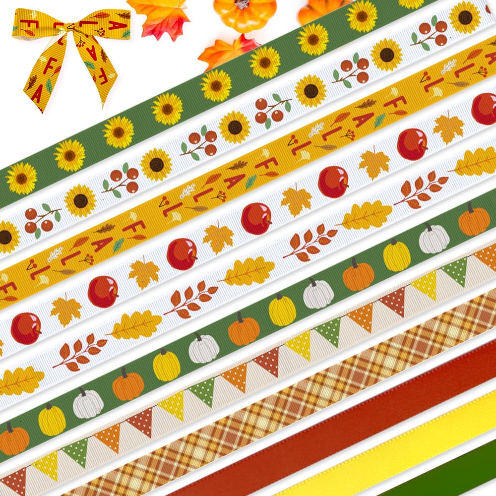 12pcs Sunflower Maple Leaves Grosgrain Decor Ribbons, 1 Yard, Autumn Rustic Fall Thanksgiving Party Decor & Gift Packaging DIY Supplies