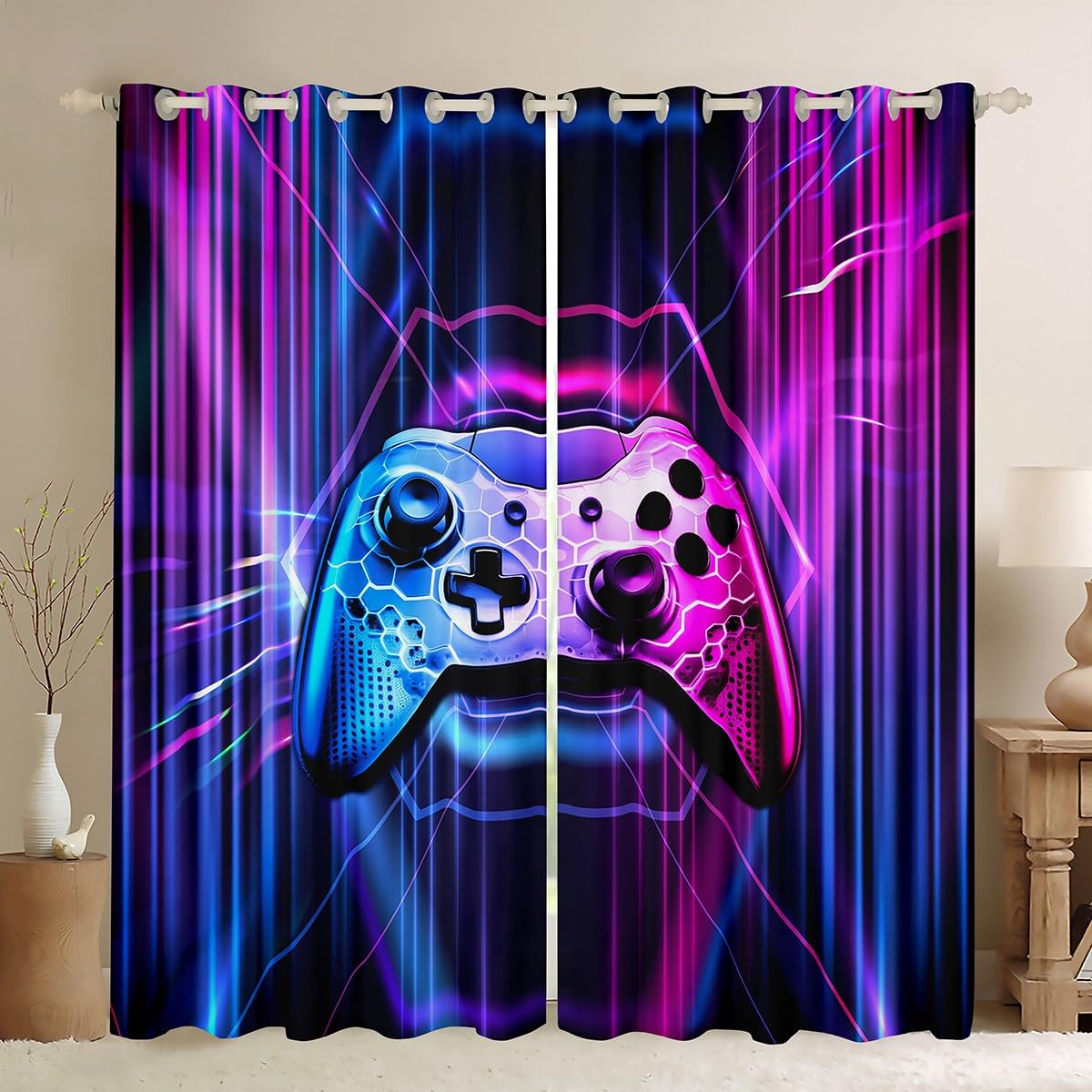 Manfei Geometric Gamepad Blackout Curtain Blue and Pink Gaming Window Treatments, Game Controller Window Drapes for Kids Boys Teens Adult Grommet Top 2 Panel Set Bedroom Curtains, 66Wx72L inch โ image 1