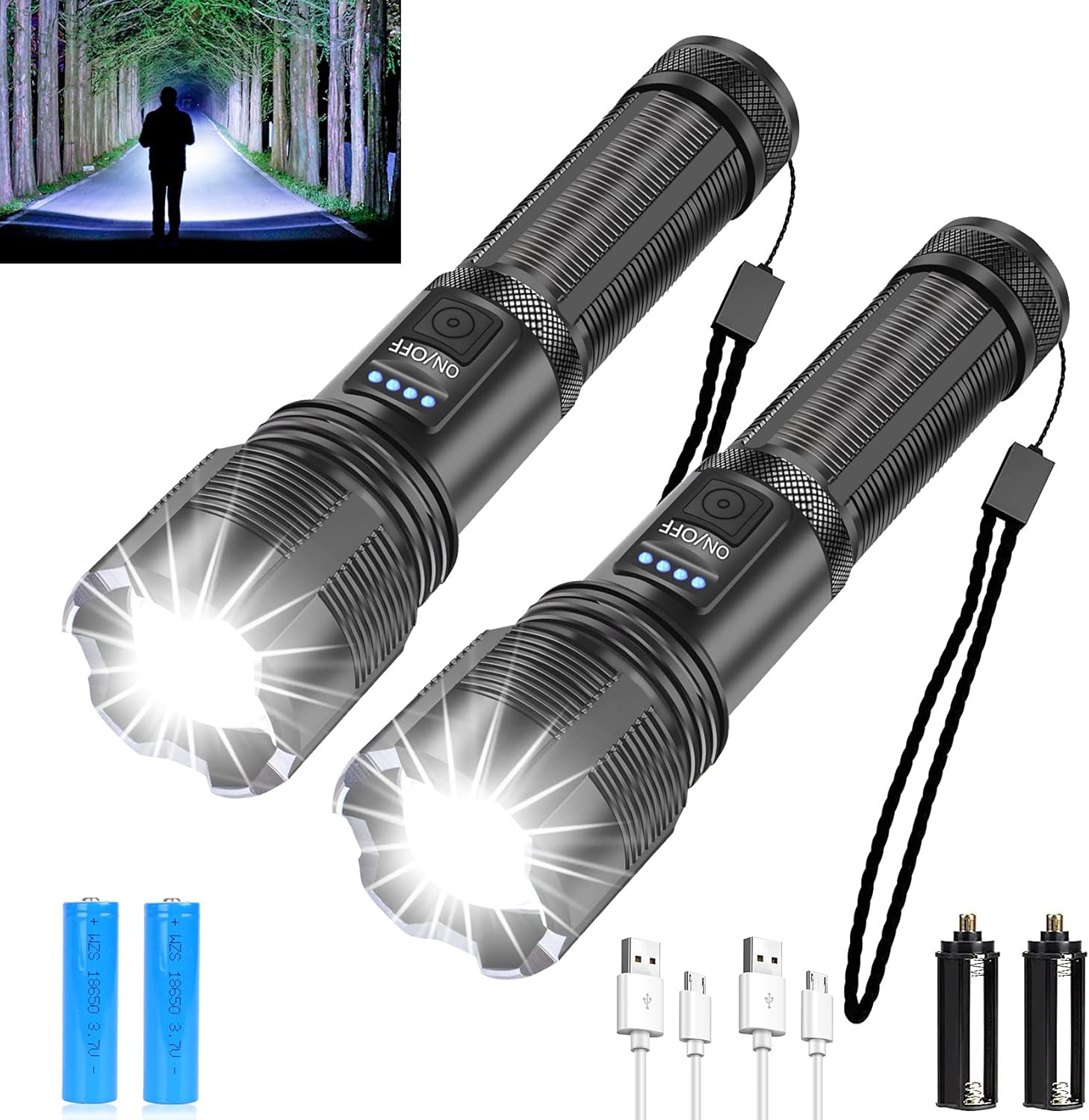 Rechargeable Flashlight 10000 High Lumens, Mini Handheld Flashlight with 3000mAh Battery, 5 Modes , Zoomable, IPX6 Waterproof, USB Tactical Flashlight for Camping, Dog Walking, Emergency 2 Pack : Tools & Home Improvement