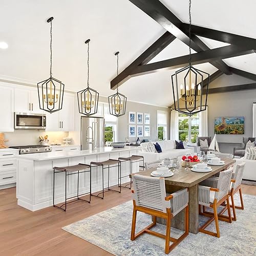 Miniatura 2 de WJShome Lámpara colgante de farol, 4 luces doradas de granja, moderna lámpara colgante de techo para dormitorio, cocina, isla, vestíbulo, pasillo,