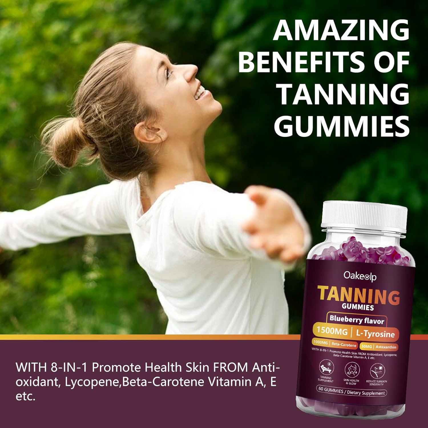 2 Pack Extra Powerful Tanning Gummies,1500mg of L-Tyrosine,Daily Tanning Supplement Adults Woman & Men,with 1000mg of Beta-Carotene,50mg of Astaxanthin,8500mcg of Vitamin A for Skin Health - Image 6
