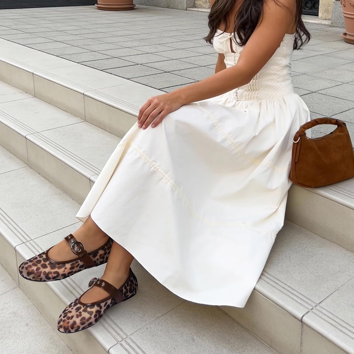 Leopard Mesh Flats for Women Round Toe Mary Jane Ballet Flats Buckle Strap Slip On Casual Breathable Ballerina Shoes - Image 3