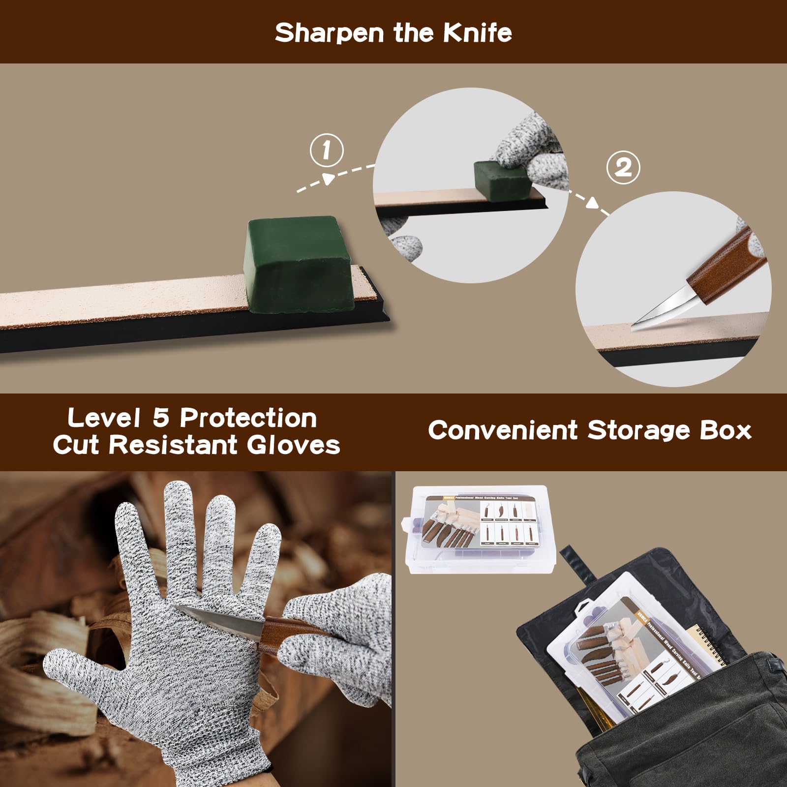 HOMCA Intaglio Legno, 32pcs Strumenti per Intaglio del Legno con 7 Pcs Coltelli intaglio, Blocchi di Legno da 10 Pezzi con Guanti Resistenti al Taglio, Pietra per Affilare, Righello, Scatola