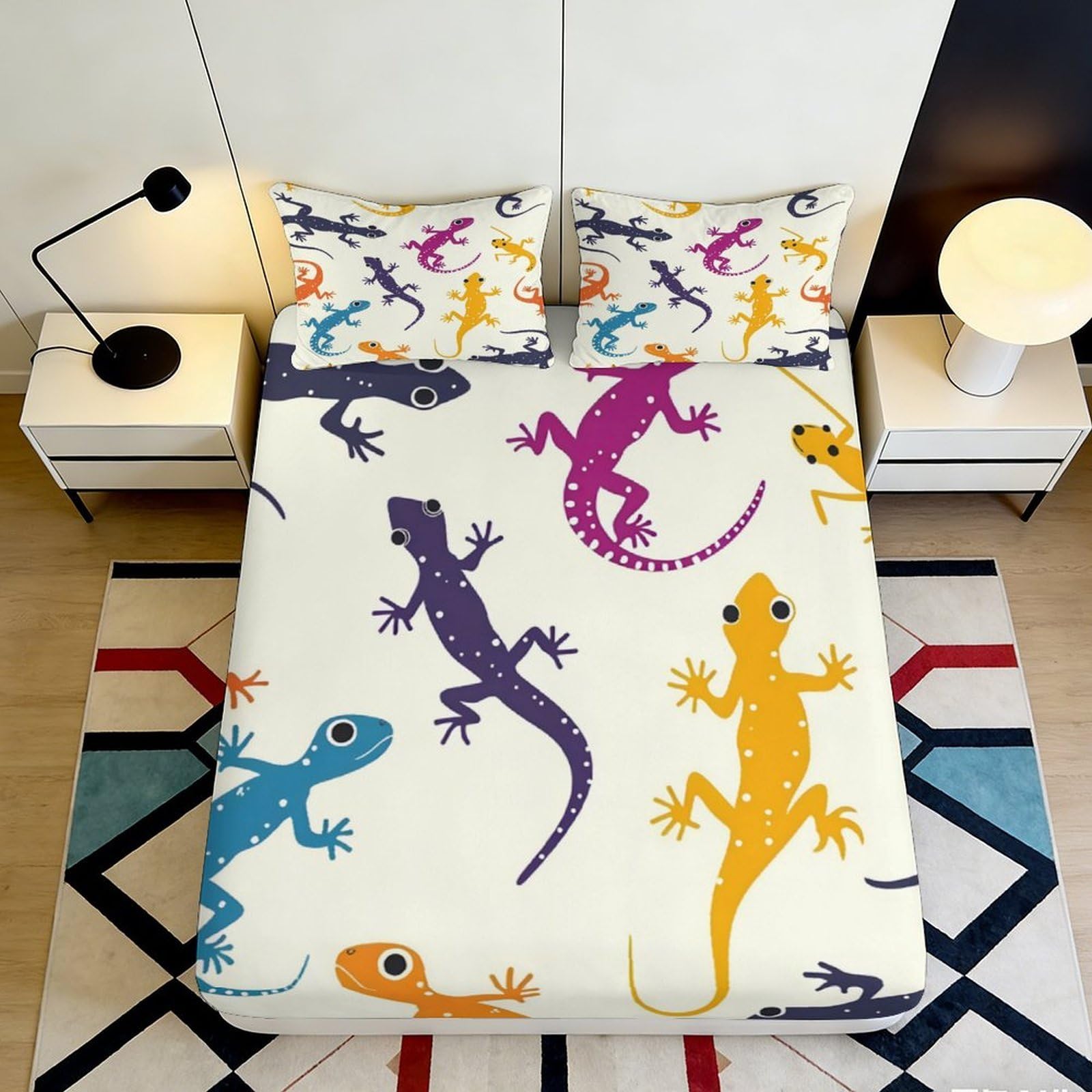 3D Printed Colorful Gecko Fitted Sheet Microfiber Soft Breathable Lizard Mattress Cover for Bedroom Dorm Decor 90x200x25cm