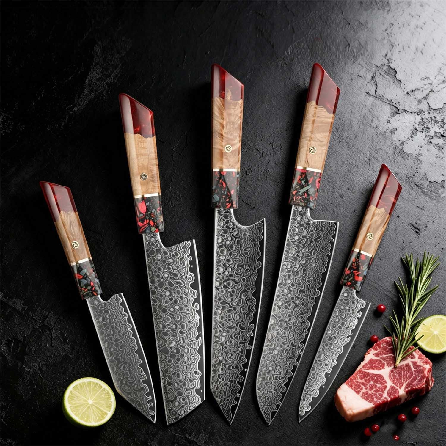 Damascus Steel Kitchen Knife Set 5PCS, Chef Knife, Kiritsuke Knife,Nakiri Knife with Resin Stabilized Wood Handle, Ultra Sharp Professional Damascus Kitchen Cutlery for Home Cooking & Prep brown