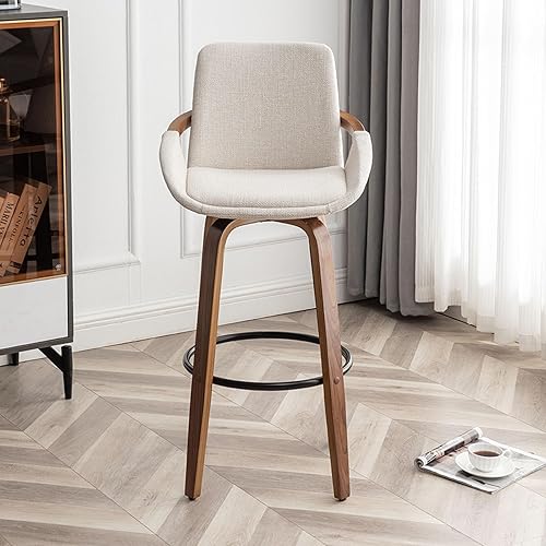 LUNLING Taburetes de bar de altura de barra de 25.6 pulgadas, sillas de bar retro modernas de mediados de siglo, con aspecto de lino beige carbón,