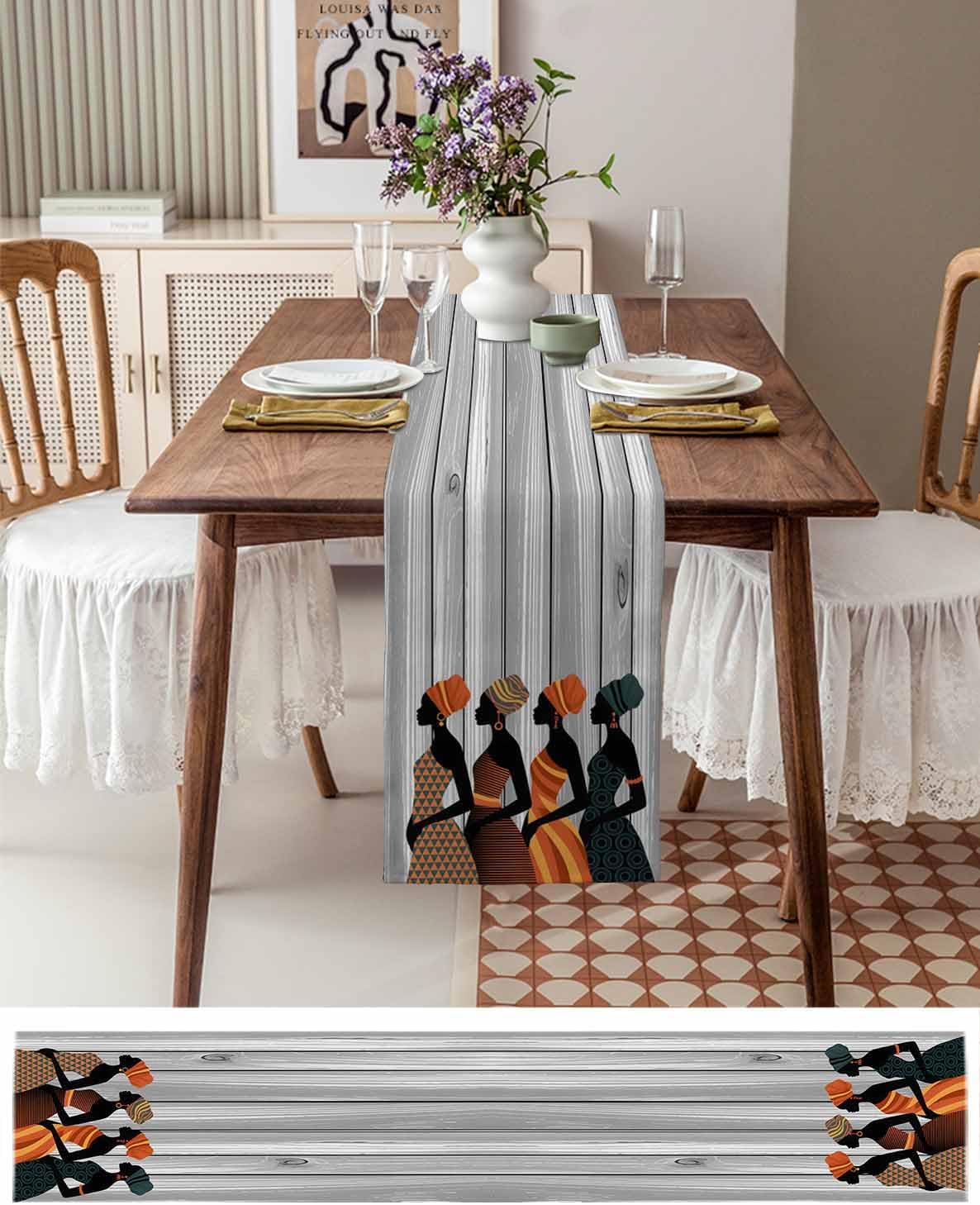 Black Female Table Runner 108 Inches Long for Dining Decor,African Women Geometric Abstract Art Burlap Linen Farmhouse Coffee Table Runners Tablerunner Dresser Scarf for Kitchen Party Holiday