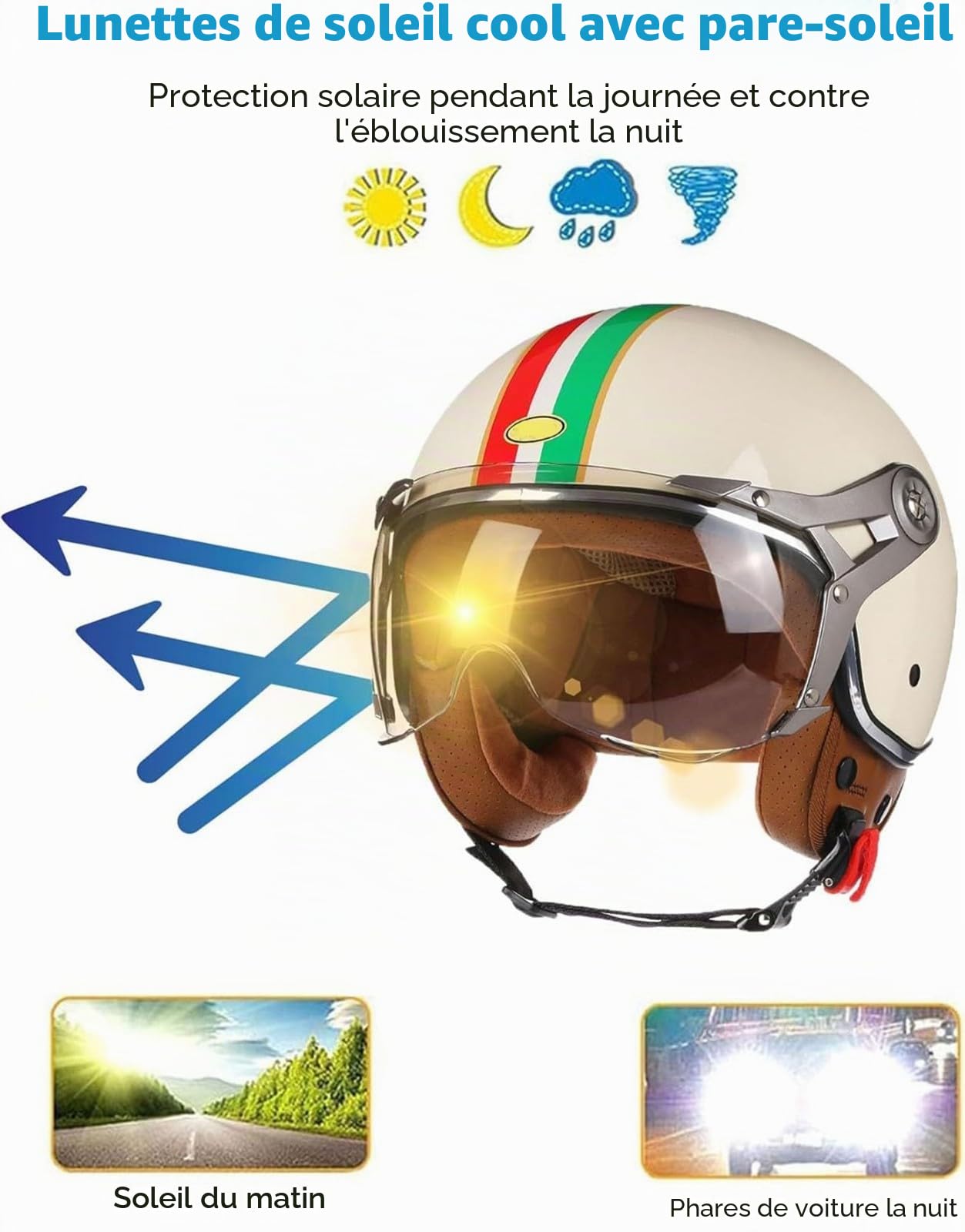 Demi Casque Moto Retro, avec Visière Vintage Casques Bols Homologué Dot/ECE Casque Mobylette Ouvert Demi Casque Homme Femme Casque Jet pour Cruiser Hélicoptère Scooter