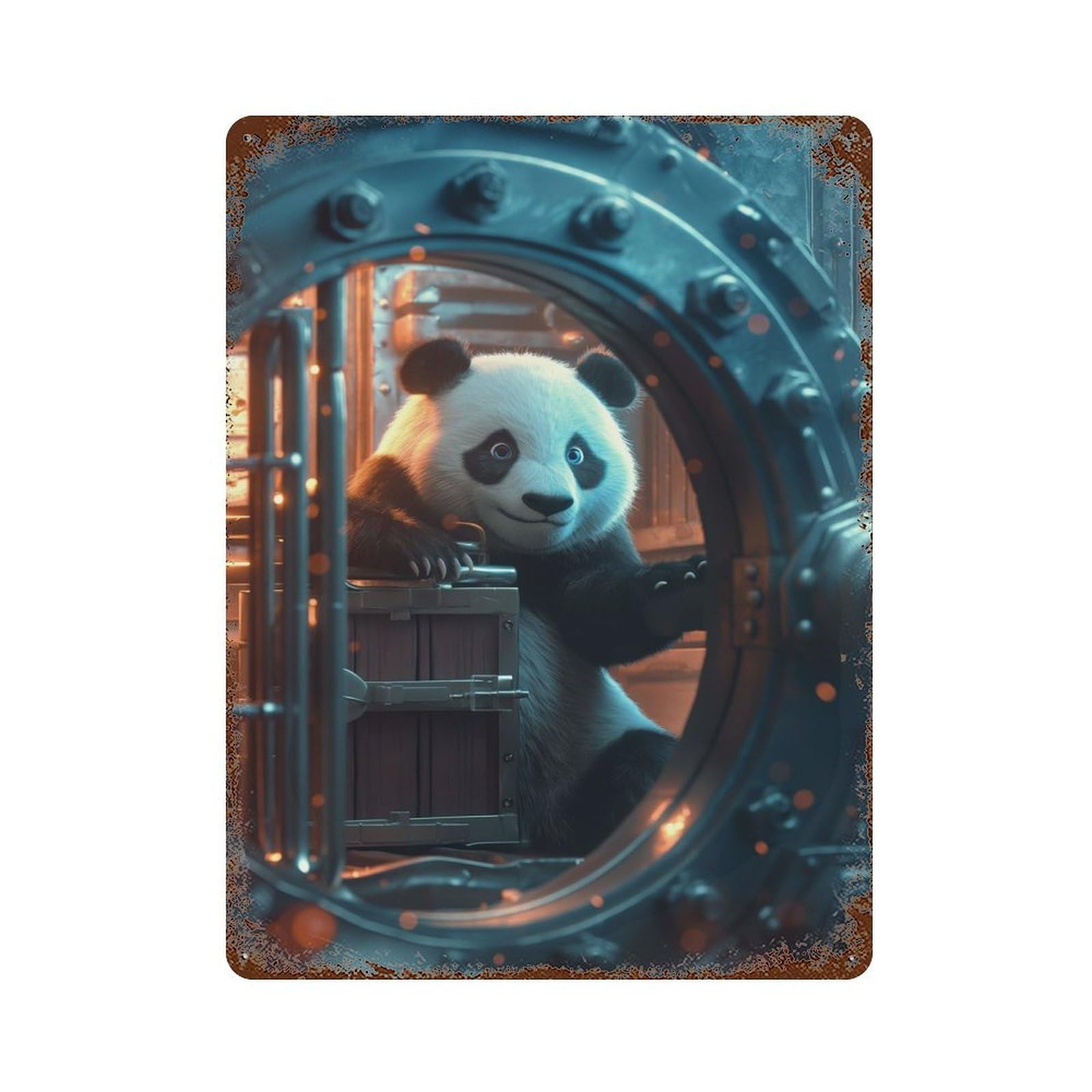 Rust Effect Cute Panda Bank Vault Retro Metal Sign 15.7"x11.8", Farmhouse Wall Decor for Living Room, Hallway And Home Decor