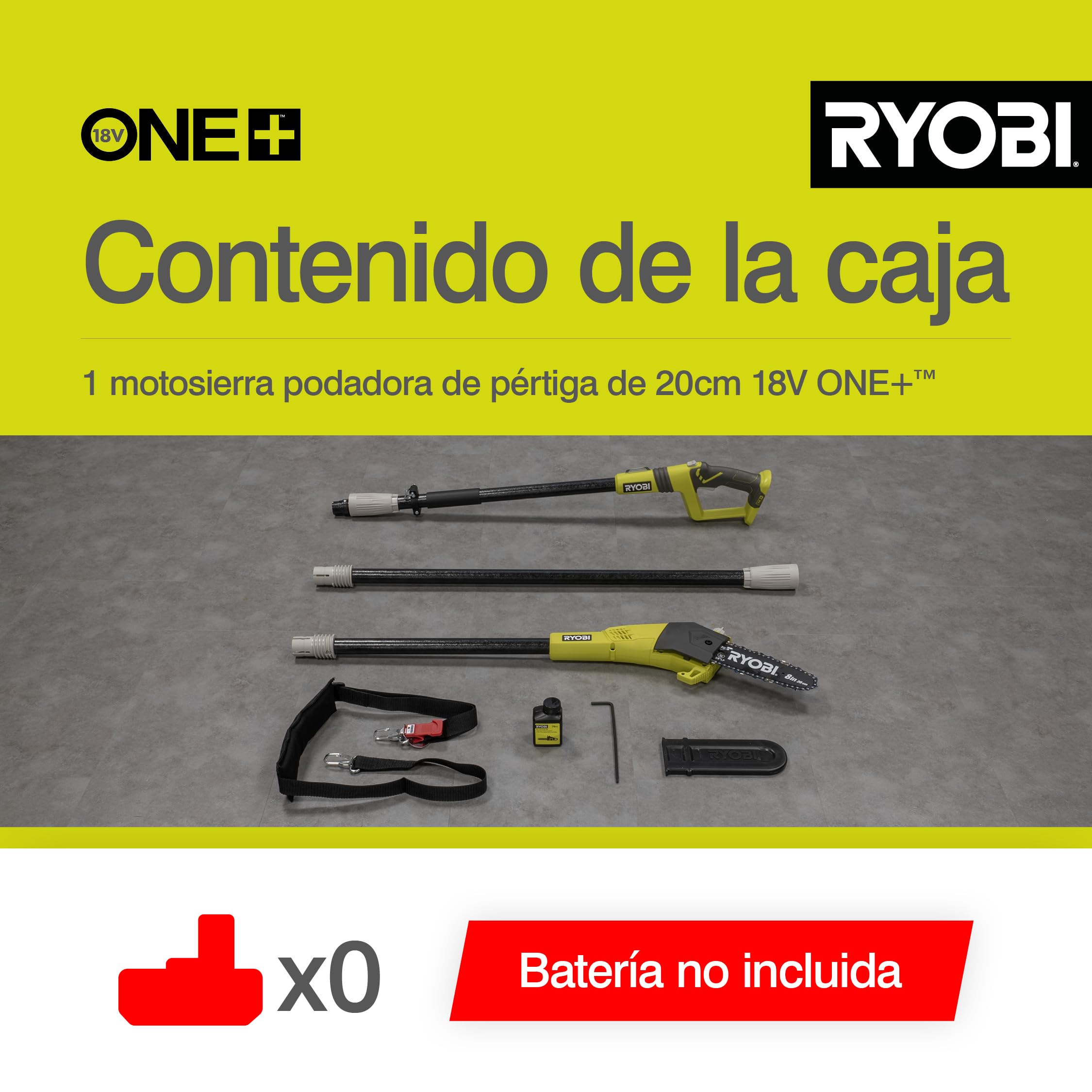 RYOBI - Podadora Eléctrica de Pértiga Inalámbrica a Batería 18V ONE+ - Pequeña Poda, Desrame y Uso Doméstico - Precisión, Comodidad y Seguridad de Corte - OPP1820