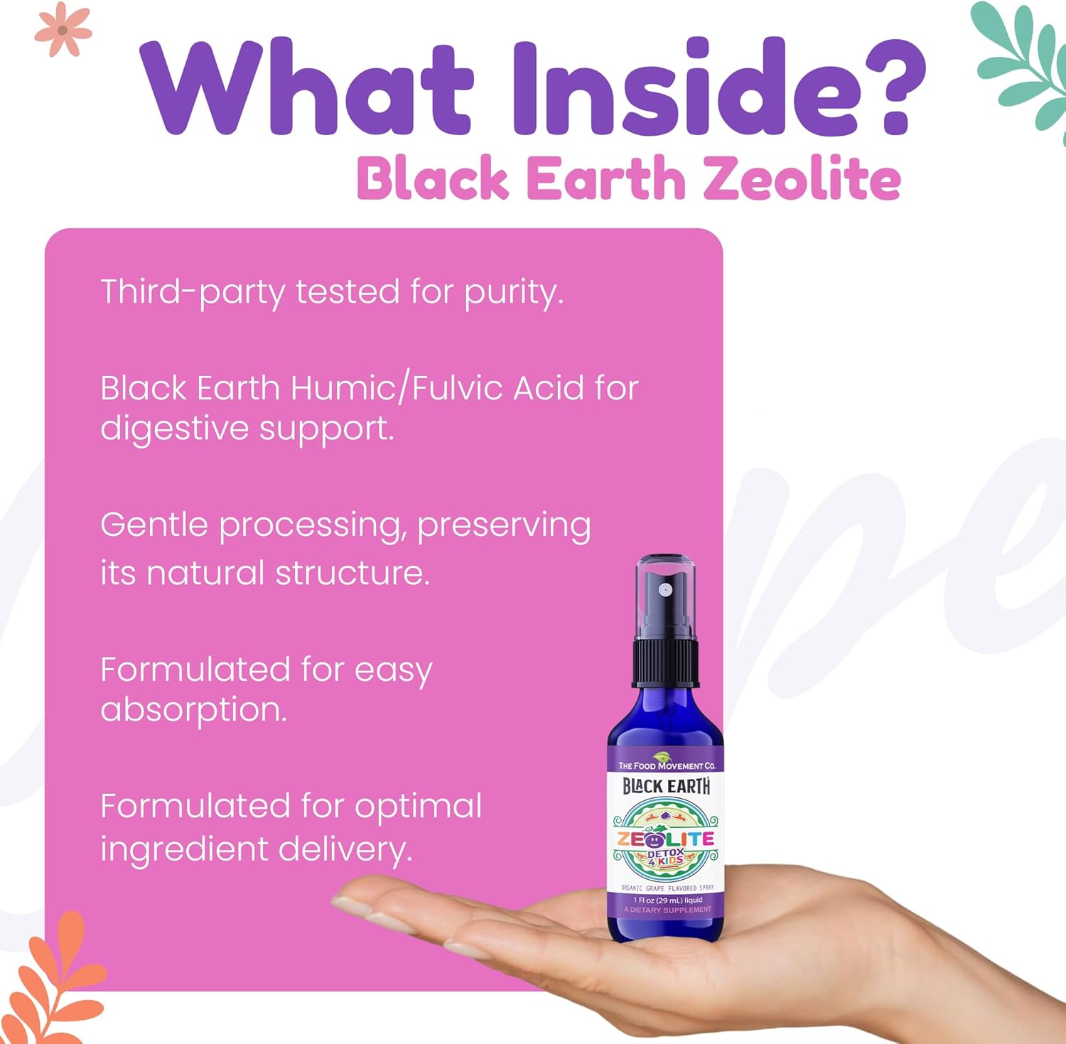 The Food Movement - Zeolite Detox for Kids, Organic Grape Flavor - Gentle Zeolite Liquid with Black Earth Humic and Fulvic Acid, Supports Natural Detoxification, 1 fl oz Pump Spray - Image 6
