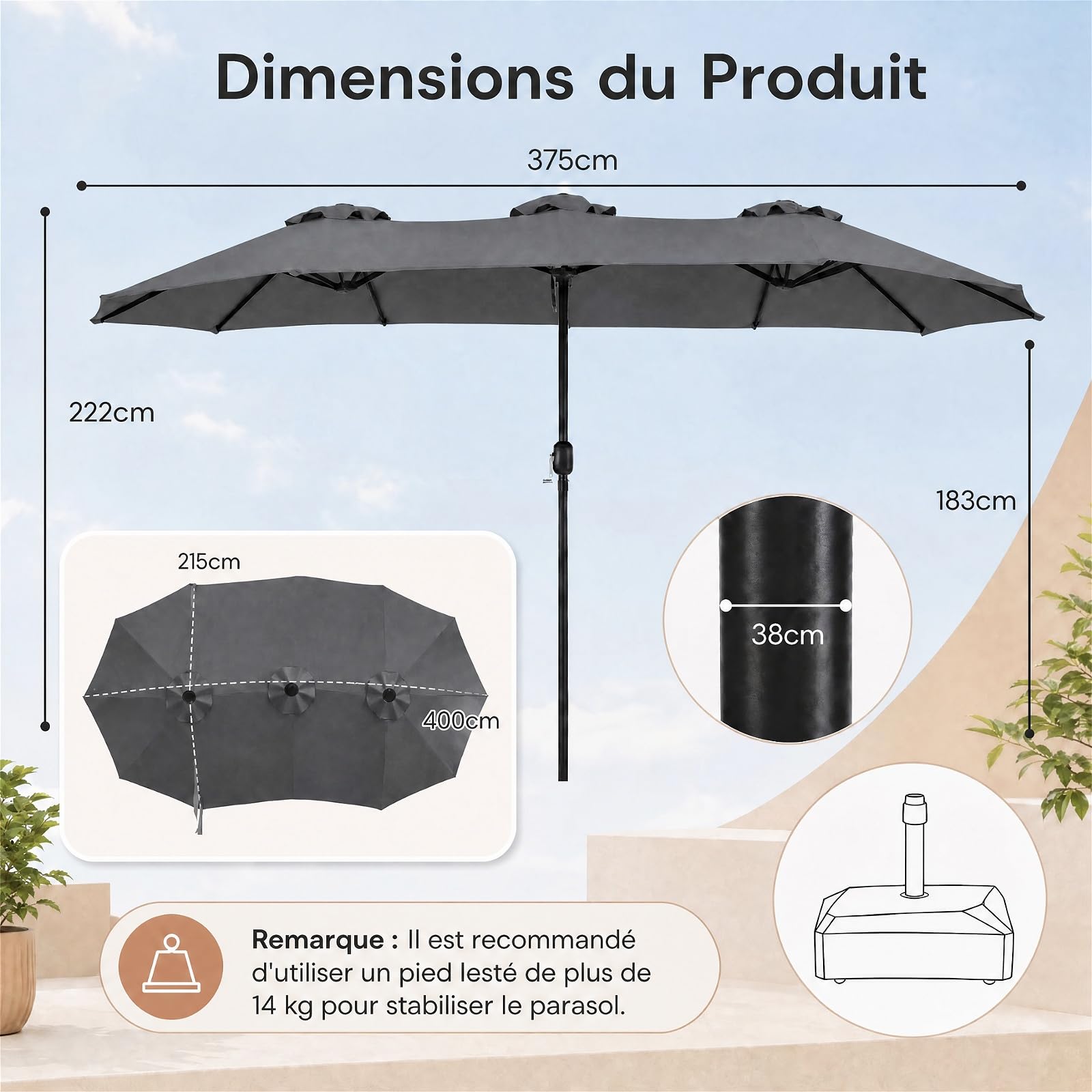 RELAX4LIFE Grand Parasol Double 4x2 M, Grand Parasol de Jardin Extérieur avec Manivelle, 12 Baleines, Toile Polyester Hydrofuge, Protection Solaire, Montage Facile pour Terrasse, Piscine (Gris)