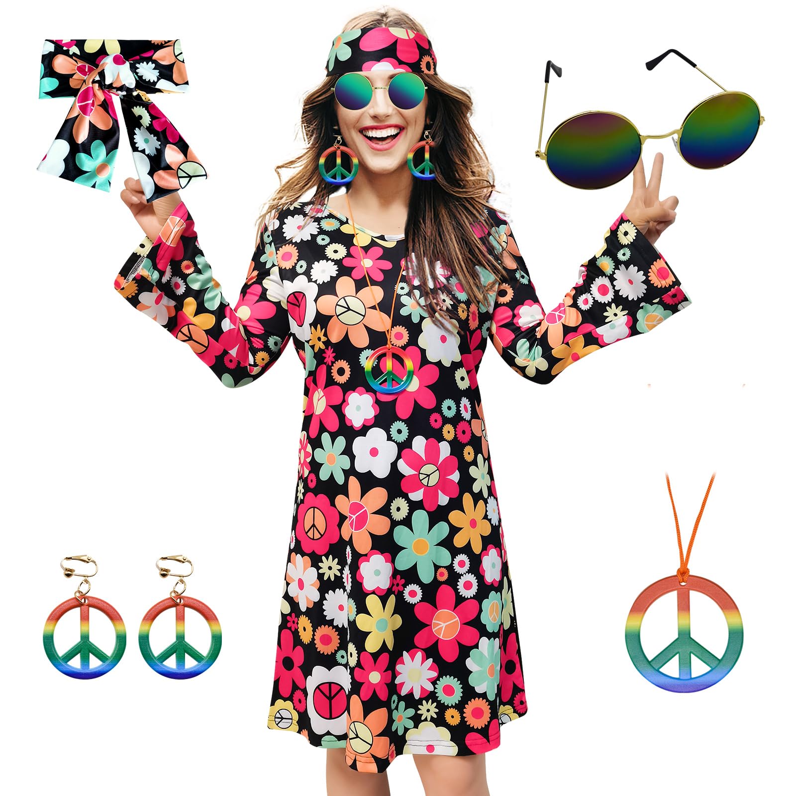 MRYUWB 70s Hippie Dress Costumes Necklace Earrings Sunglass Women Disco Outfit, 60s Party Costume, Halloween Retro Dresses, Flower Power Black, 3XL