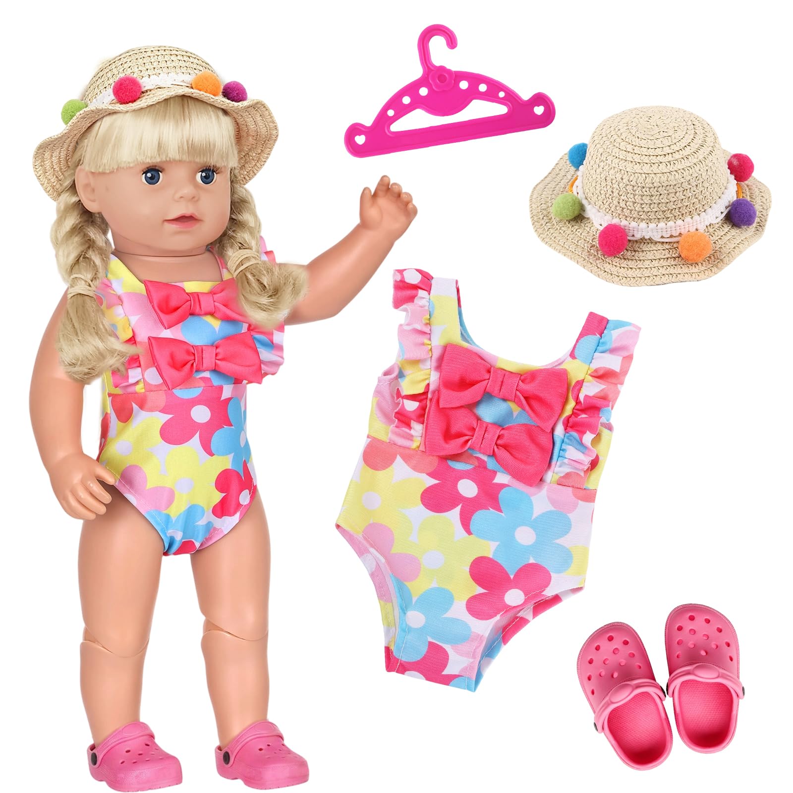 4 Pcs swimming doll clothes, 35-43 cm Newborn Baby Doll Swimming Set with Floral-Print Swimsuit with Bow Detail Sun Hat baby doll shoes & clothes hanger, Baby Doll Accessories for Baby Dolls Girls