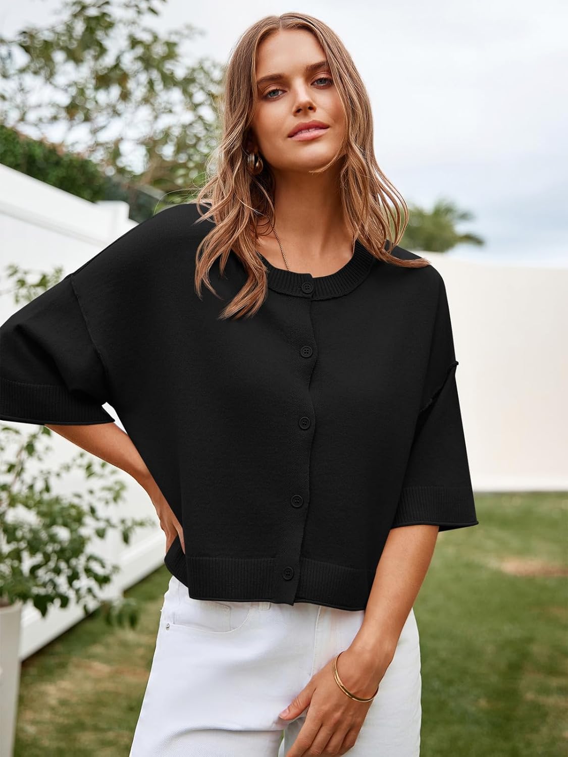 Cicy Bell Womens Half Sleeve Cardigan Sweaters Cropped Button Down Tops Oversized Lightweight Ribbed Knit Summer Outfits Black - Image 5