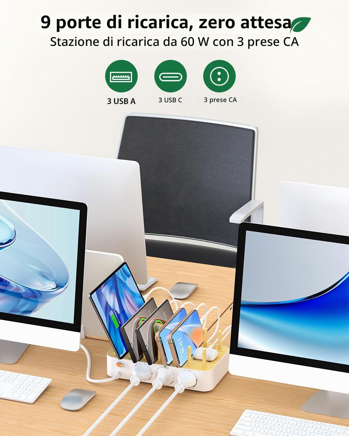 Stazione di Ricarica Bamboo da 60W per Più Dispositivi Con 3 Prese CA, 3 USB-C, 3 USB-A, Cavo di Alimentazione da 2m per IPhone, IPad, Tablet (6 Cavi Misti), Bianco