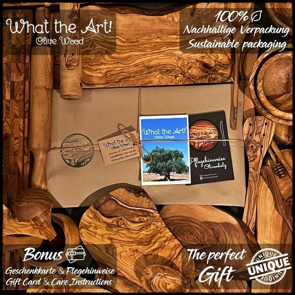 What the Art!® Olive Wood «Big Rustic» Gr. XL | Olivenholz Schneidebrett + Dip-Schälchen | Handarbeit | ca. 50-53 x 20-26 x 2 cm | Käsebrett - Hackbrett - Tranchierbrett - Servierbrett