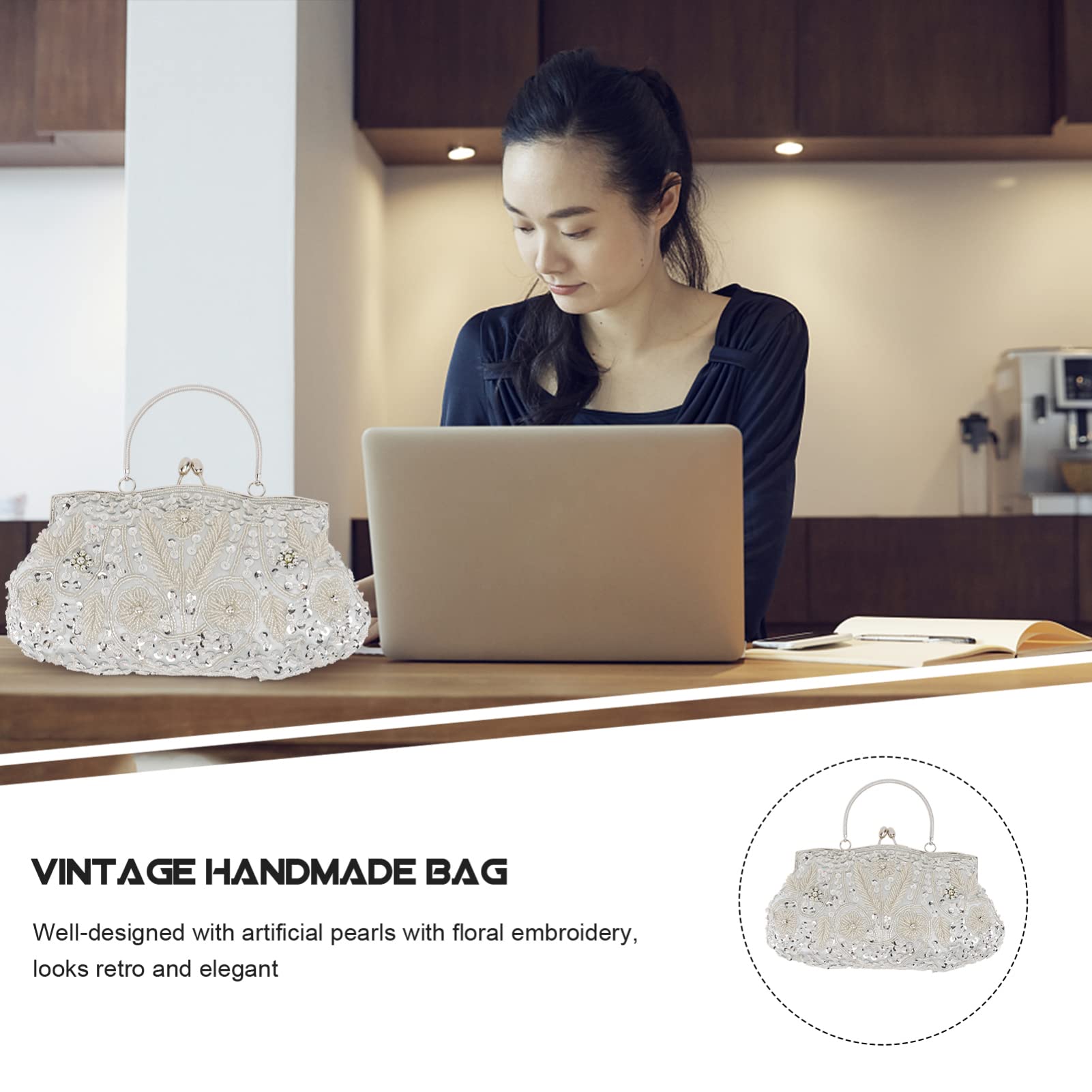 VALICLUD Vintage Damen Partytasche aus Canvas mit Blumenstickerei, Silber