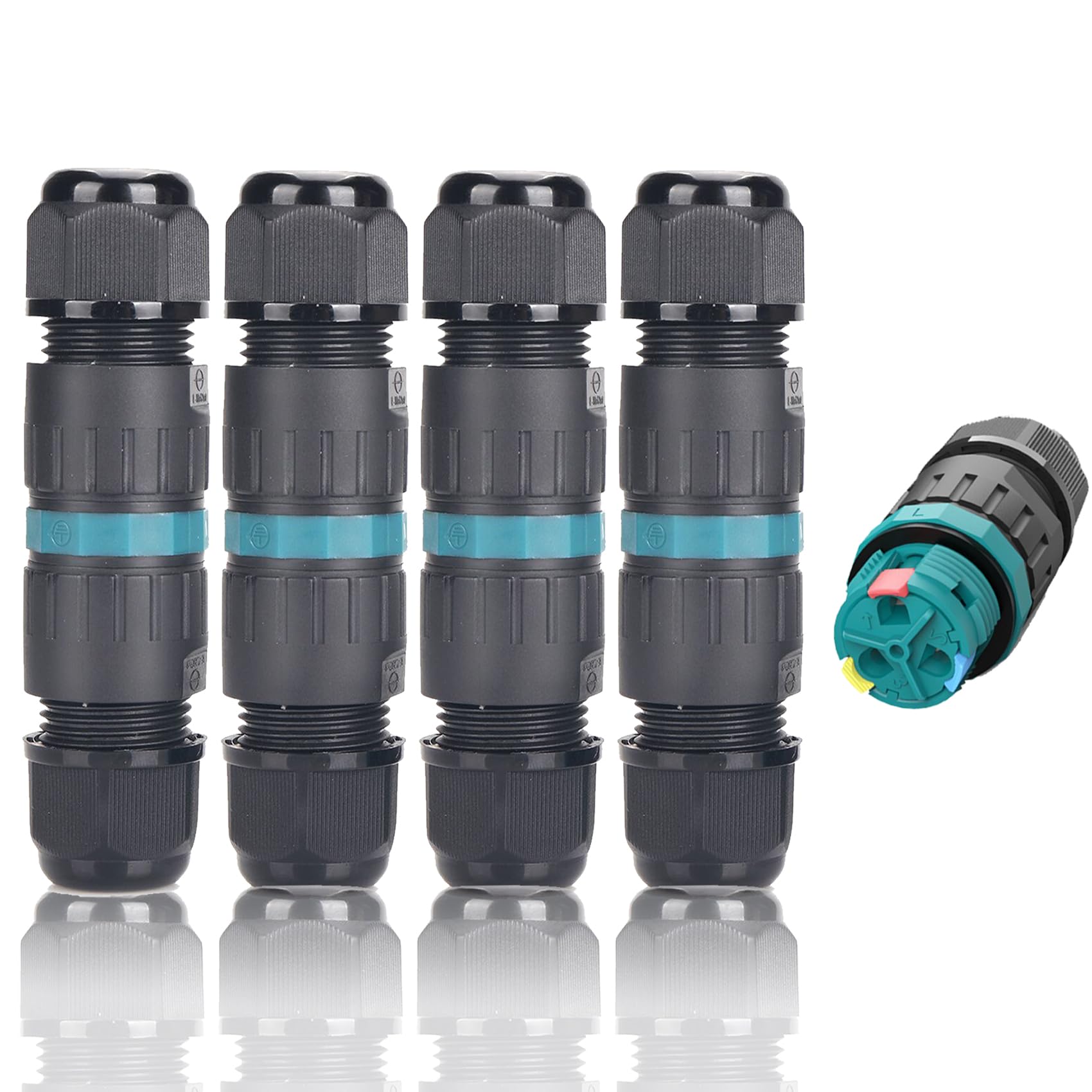 Cable Connector Waterproof IP68 4 Pack Diameter 4 mm Diameter 12 mm TÜV Certification Connection Sleeve with Clamp Outdoor 3-Pin for Garden Outdoor Floor 2-Way Waterproof Junction Box, Black (4 Pack)