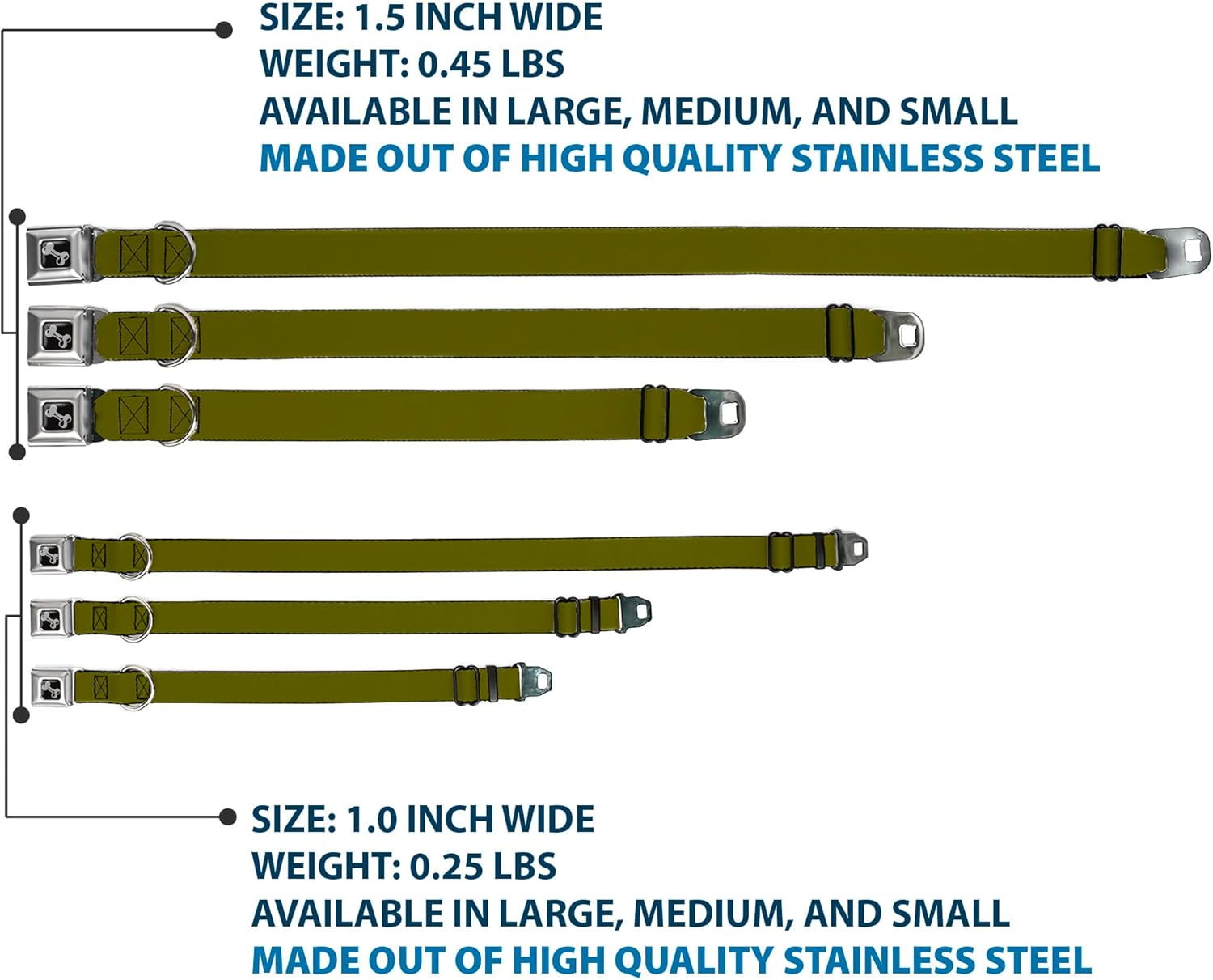 Dog Collar Seatbelt Buckle Olive 11 to 17 Inches 1.0 Inch Wide