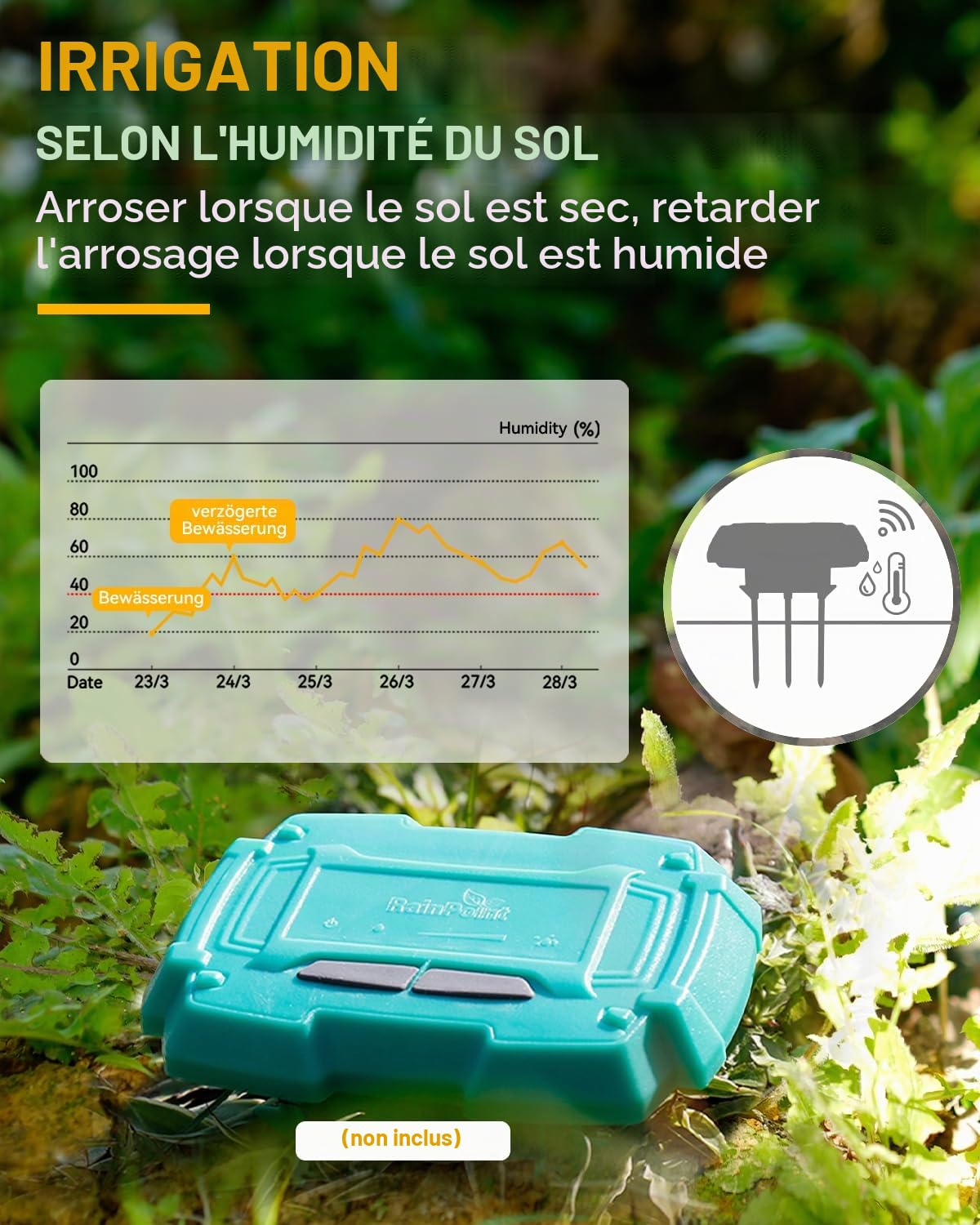 RAINPOINT Programmateur Arrosage WiFi 2,4 GHz, Entrée en Laiton, Minuteur Arrosage Automatique avec App/Commande Vocale, Irrigation Basée sur la Météo/L'humidité du Sol pour Jardin, Pelouse, Serre