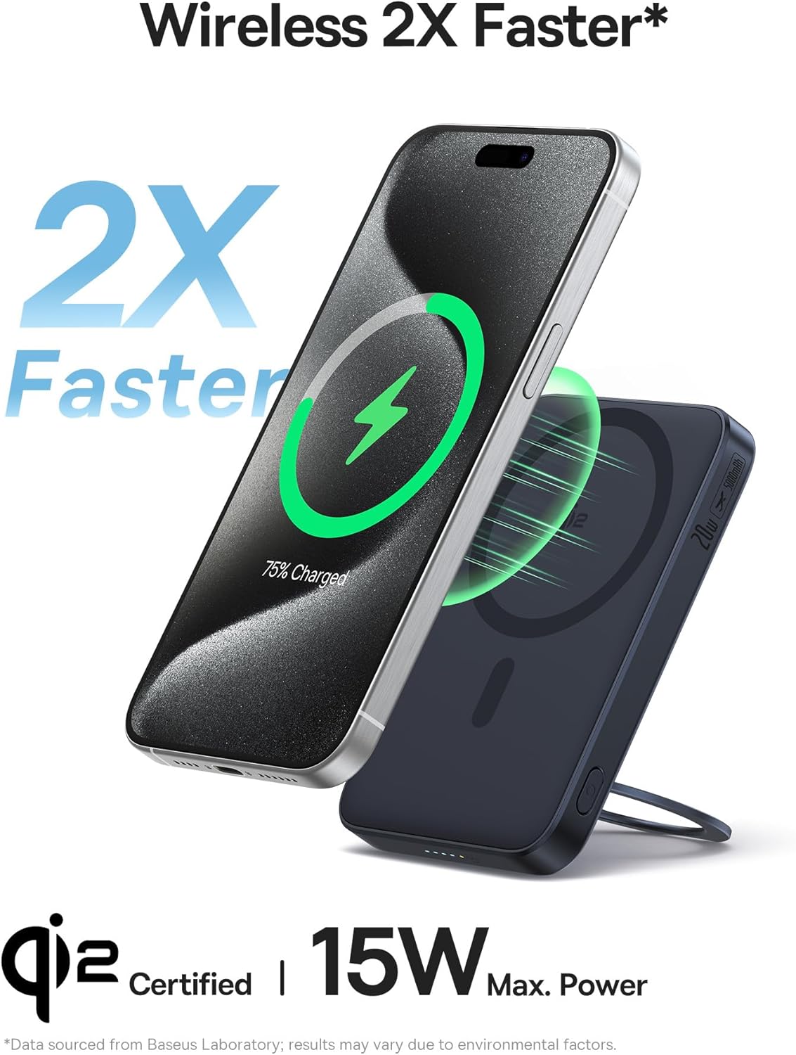 iPhone wirelessly charging with the Baseus power bank, showing '2X Faster' text.
