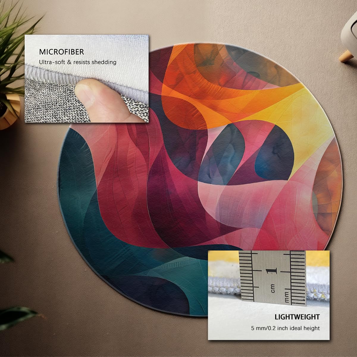 Tapis Rond Abstrait pour Chambre 200cm Tapis Circulaire Fausse Laine Douce Courbe colorée bohème Lavable Poil Bas pour Salon canapé Chambre Enfant