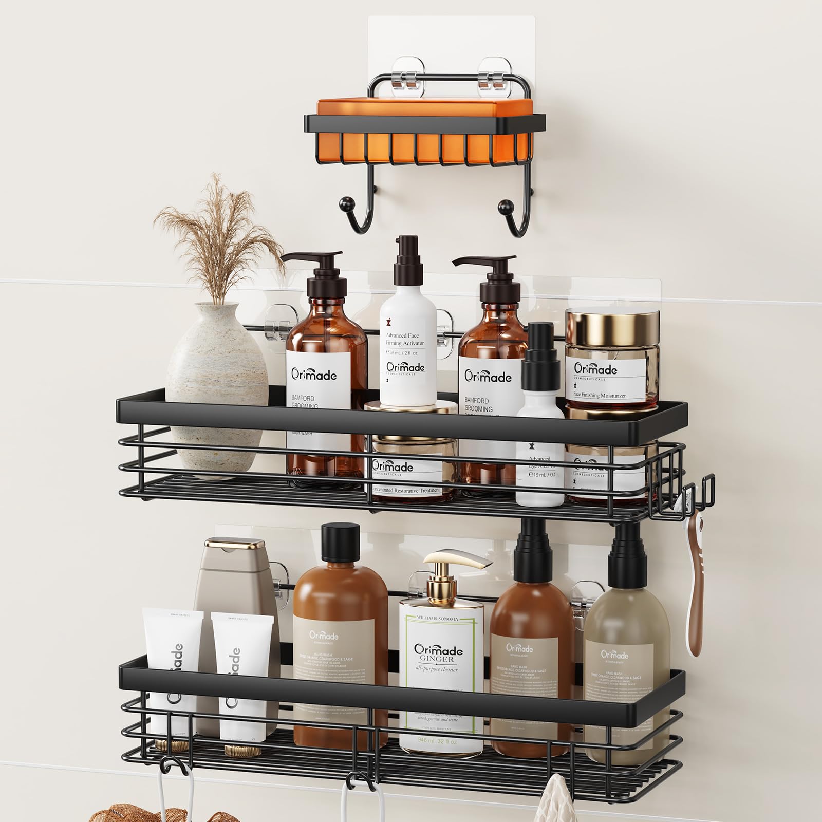 KIKIRICO Set 5 Contenitori Doccia Adesivi In Acciaio Inox Nero: Organizer Senza Fori, Resistente Alla Ruggine