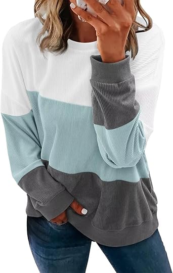KISSMODA Womens Casual Long Sleeve Sweatshirts Color Block/Solid Tops Corduroy Crewneck Tunic Pullover with Pockets