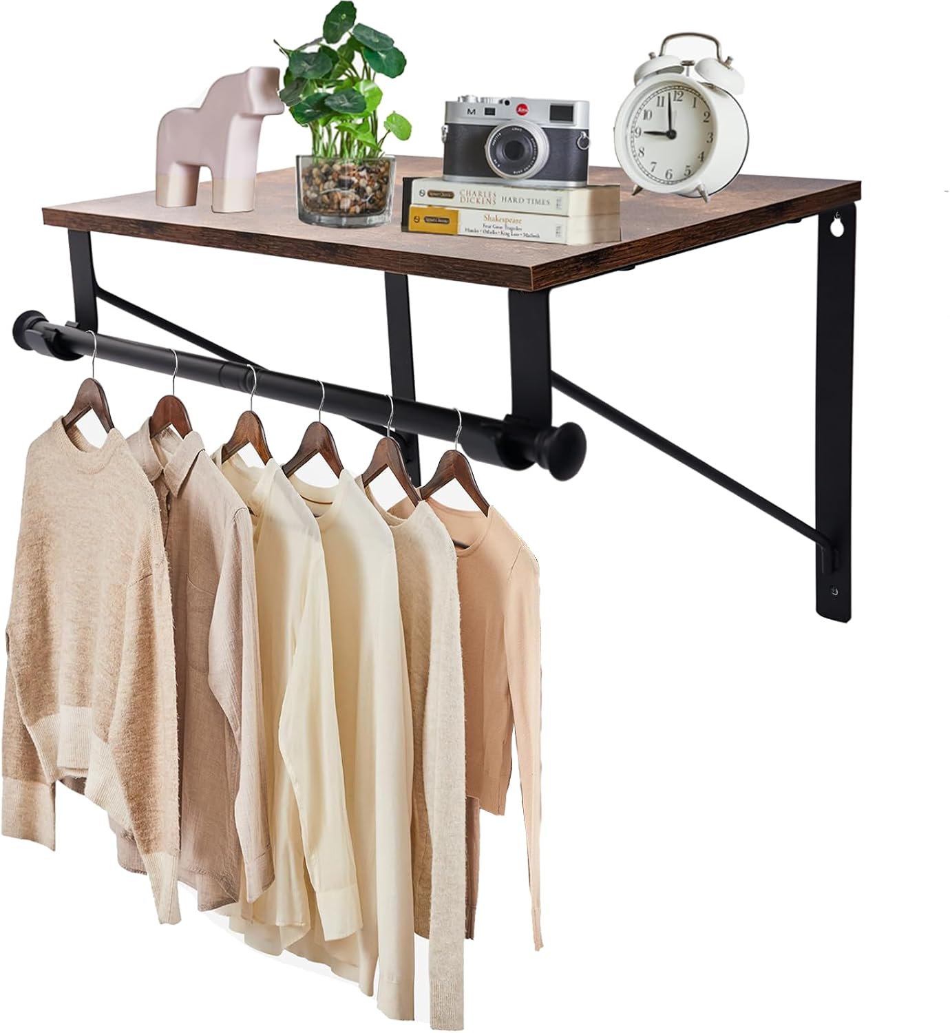 Wall Mounted Closet Rack with Adjustable Hanging Rod, Shelf & Brackets, Heavy Duty Storage Rack, Space Saving Organizer for Bedroom Closet, Kitchen,Laundry Room & Bathroom