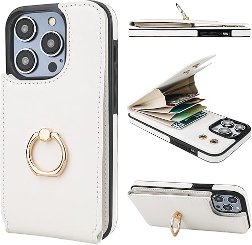 Vista 31 de Folosu Funda Cartera compatible con iPhone 14 Pro Max con soporte para tarjetas, rotación de 360°, soporte de anillo de dedo con función atril