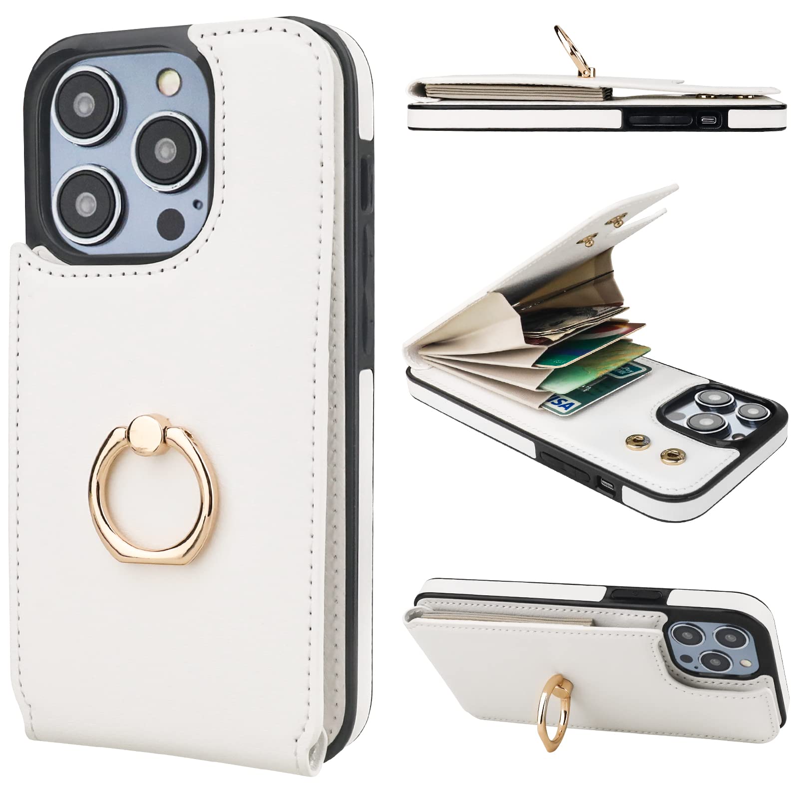 Folosu Compatible with iPhone 14 Pro Case Wallet with Card Holder, 360°Rotation Finger Ring Holder Kickstand, RFID Blocking Leather Protective Double