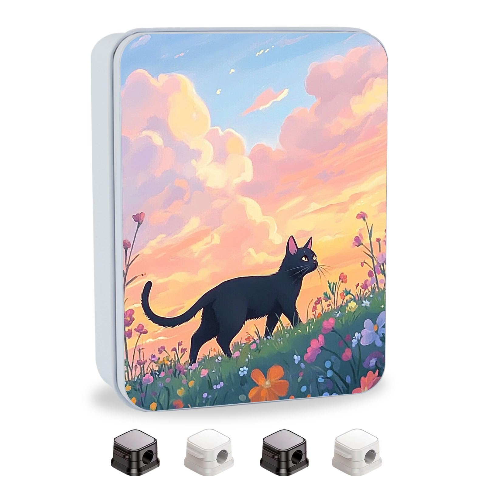 Metal Tin Box with Lid,Multi-functional Storage Large Box Can Store Tea Biscuits Game Cards, Playing &amp; Tarot Cards-Comes with 4 Magnetic Cord Clips,Black Cat in Flower Field
