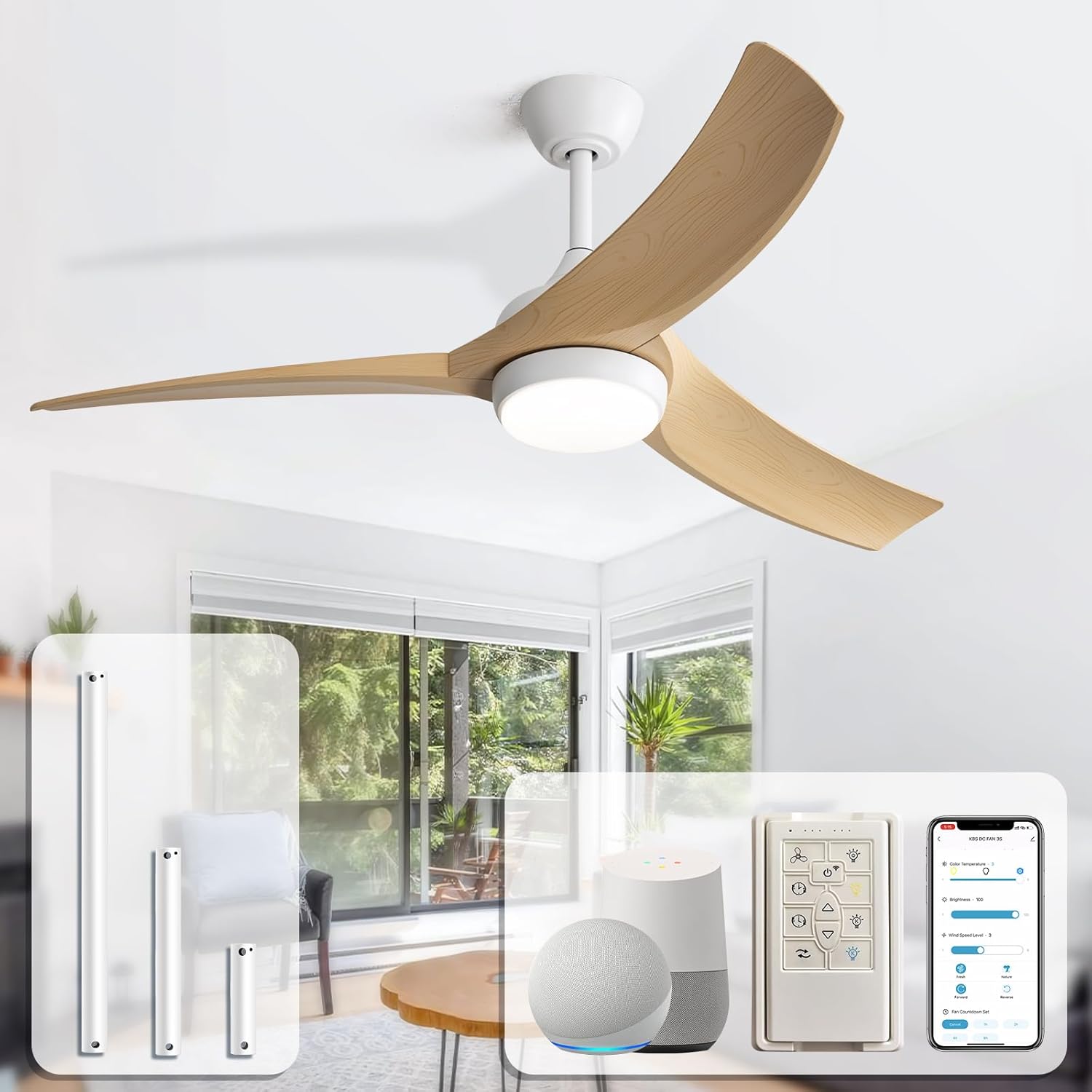 Sofucor 52 Inch Smart Ceiling Fan, Modern Outdoor Ceiling Fans with Lights Remote Control, Works with Alexa/App/Google, Airflow 6000CFM ABS 3 Blades Reversible DC Motor for Living Room Bedroom Patio