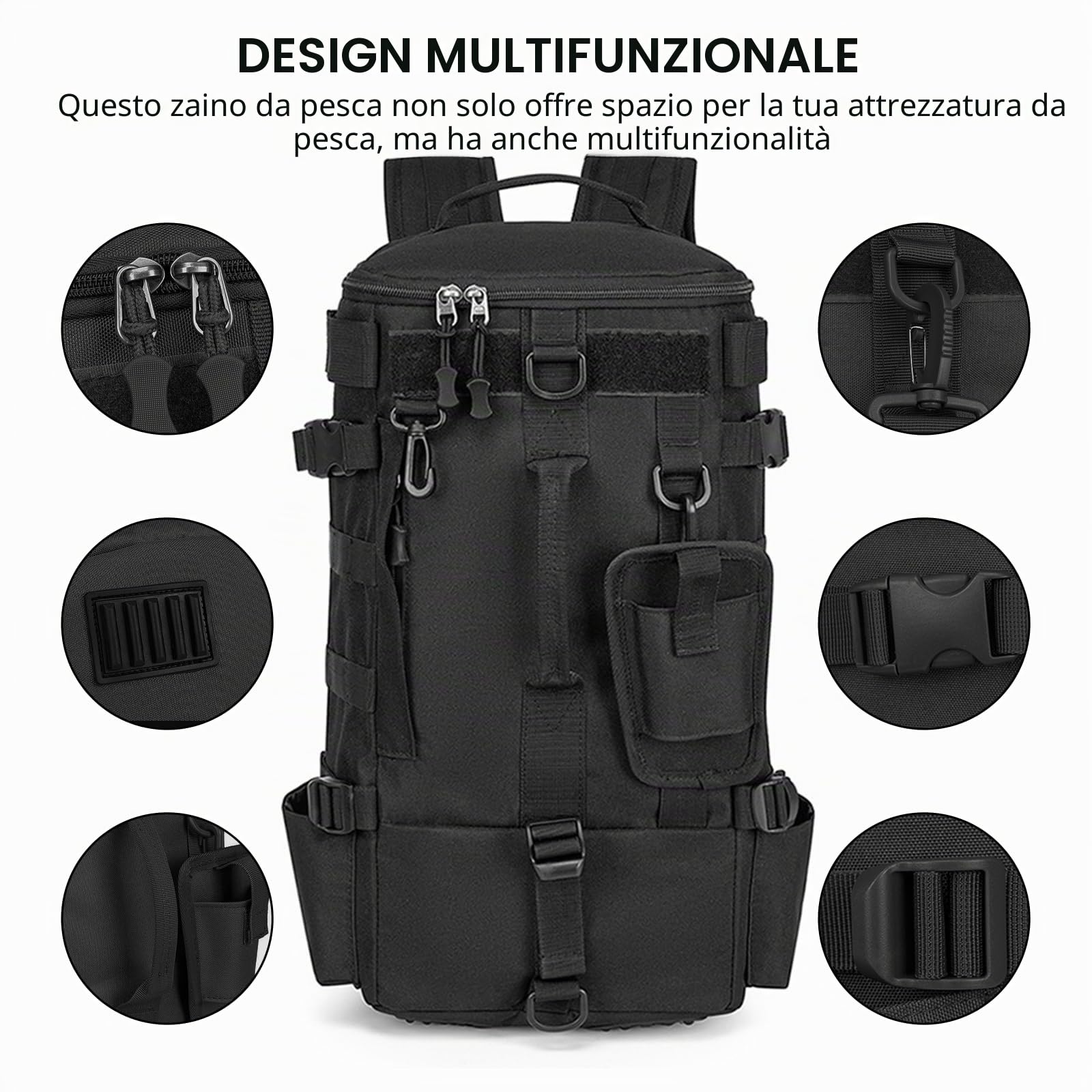 Zaino da pesca con supporto canna: 45 x 16 x 23 cm, impermeabile, per esterni, porta canna, nero, multifunzionale, militare, campeggio, sport all'aria aperta