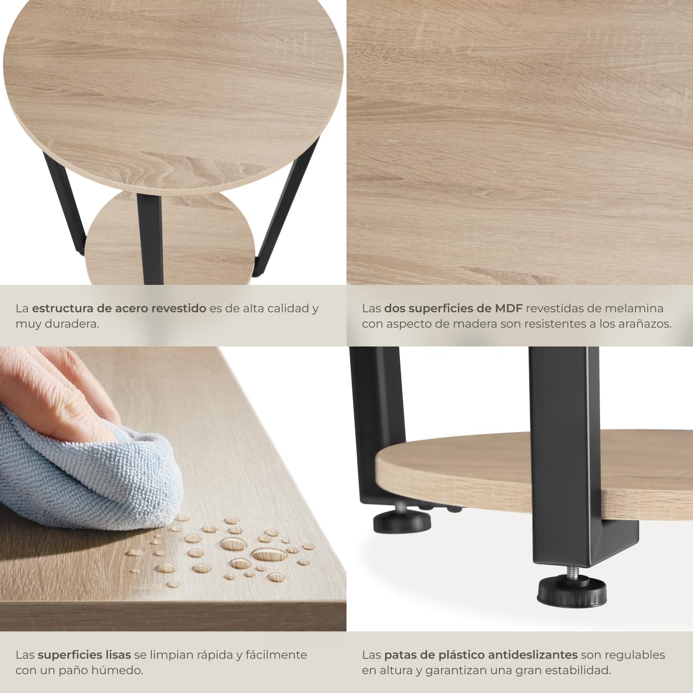 tectake® Mesa Auxiliar Redonda con Pies Ajustables, para Salon cómo Mesa de Centro o Dormitorio cómo Mesitas de Noche, Decoracion Hogar - 50 x 50 x 62,5 cm Madera Industrial Clara, Roble Sonoma