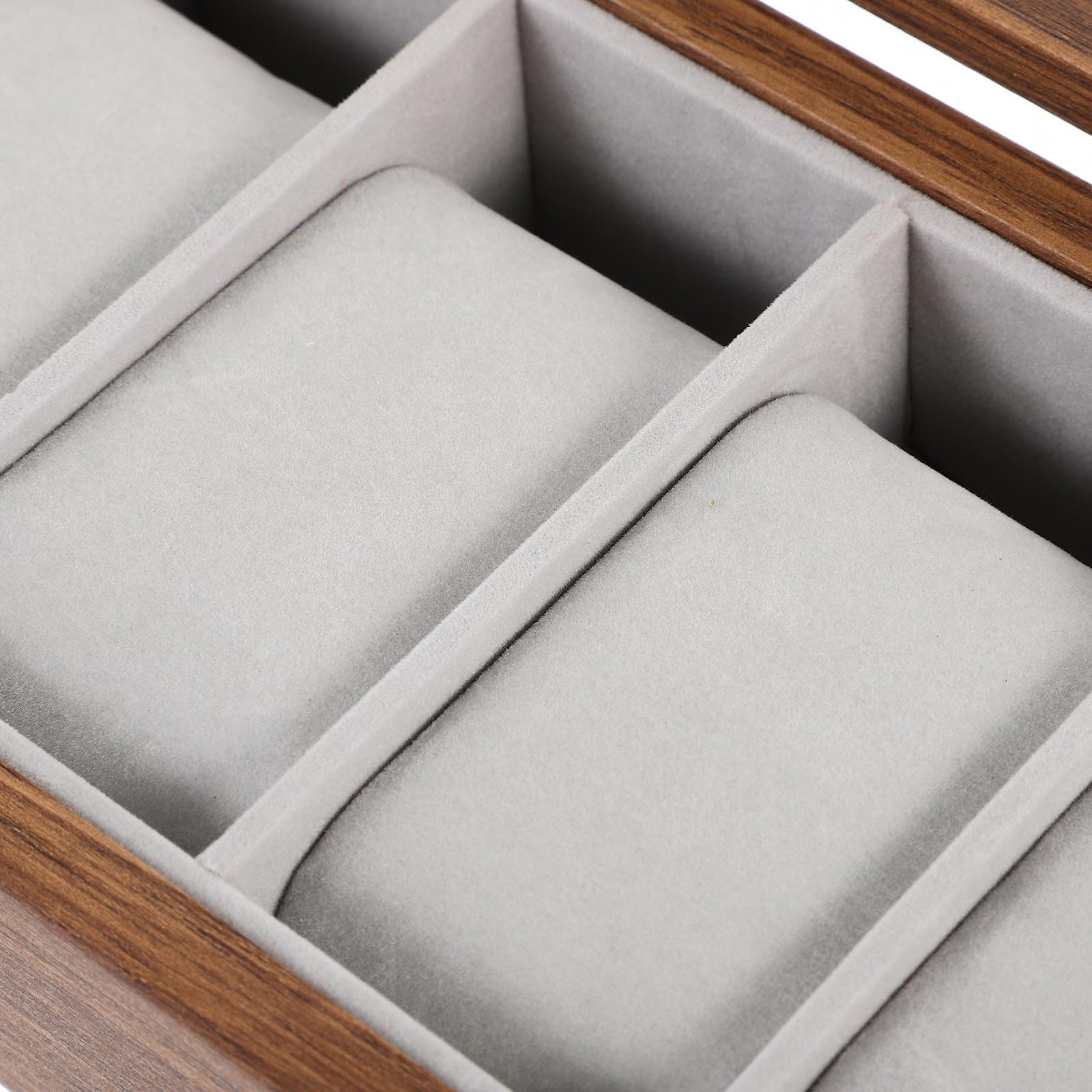 Caja de Exhibición para Relojes de 6 Ranuras en Madera | Tapa Transparente, Acabado Veteado Tipo Nogal, para Hogar o Joyería, Organiza y Protege Piezas