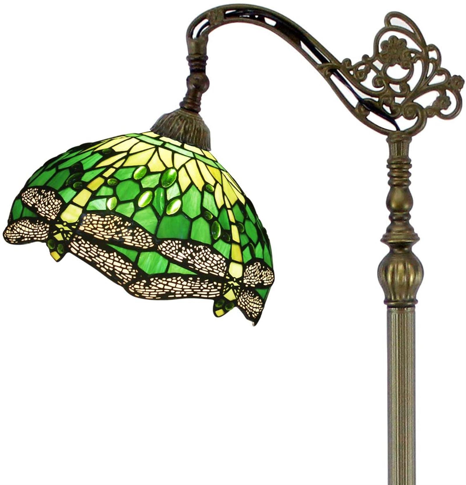 KFJZGZZ Tiffany Style Reading Floor Lamp Green Stained Glass Dragonfly Lampshade Antique Adjustable Arched Standing Base