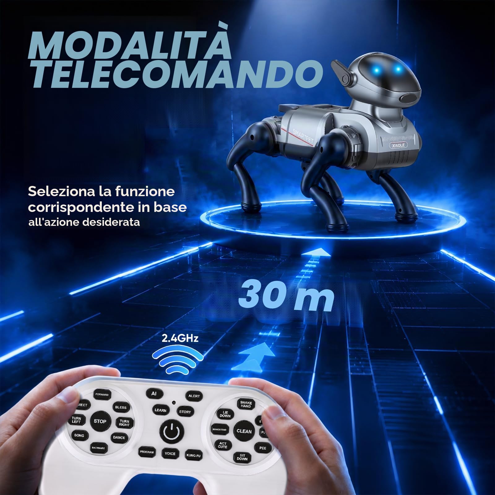 Cane Robot Giocattolo con Telecomando 2.4G, 25 Funzioni Interattive (AI, Voce, Programmazione), Occhi LED Dinamici ed Effetto Nebbia, 2 Batterie, Giocattolo Cane Robot Ricaricabile