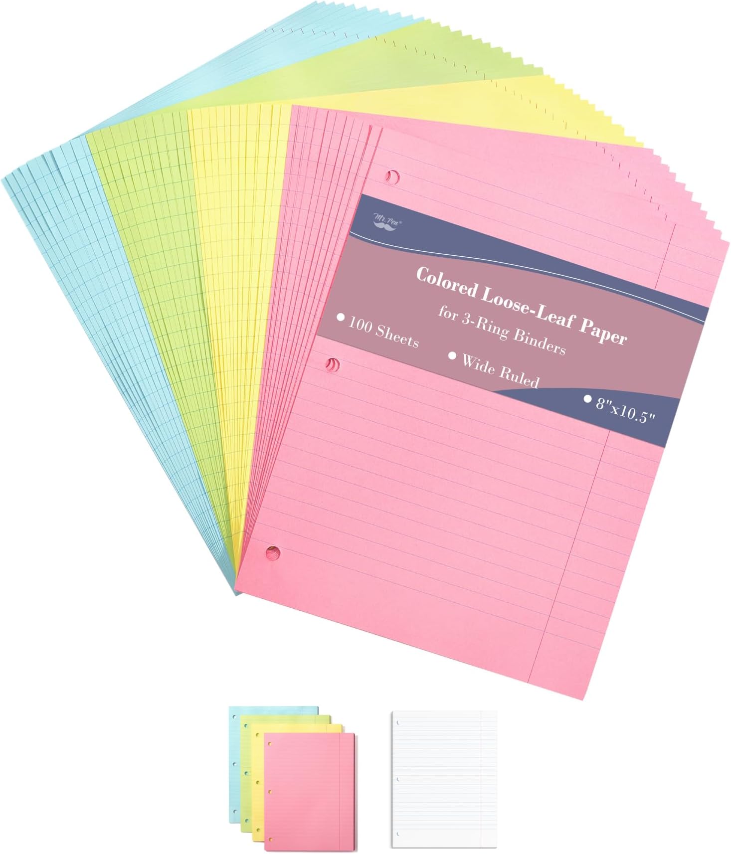 Mr. Pen Colored Loose Leaf Paper, Wide Ruled, 100 Sheets, 8” x 10.5”, 3-Hole Punched, Pastel Colors