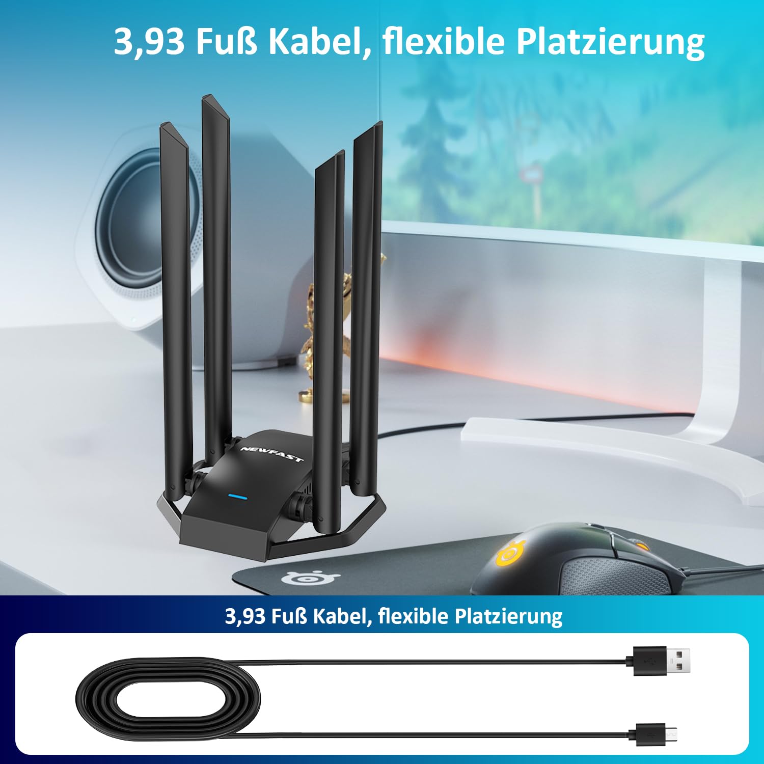 NEWFAST Clé WiFi USB 1300Mbps Double Bande Pour PC 2.4G/5GHz