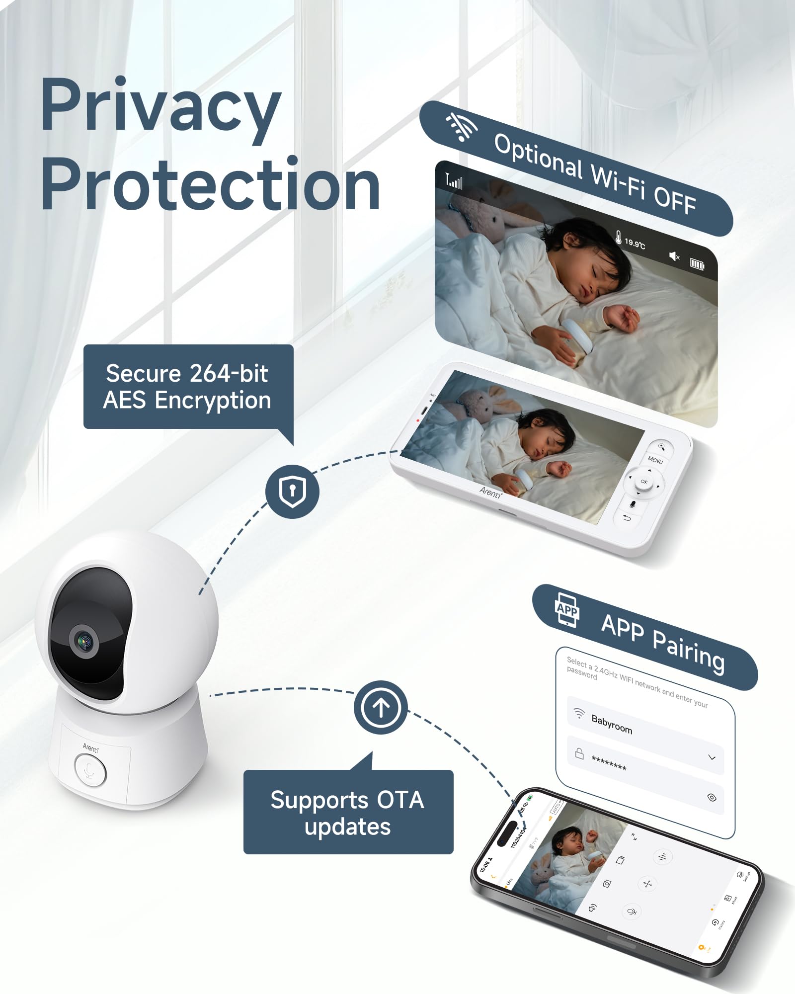ARENTI 1080P Camara Vigilancia Bebe con Control de 5'' Monitor, 355° PTZ Vigilabebes con Camara con Voz Bidireccional, Detección de Movimiento y Sonido, Visión Nocturna, Sensor Temperatura, Modo VOX