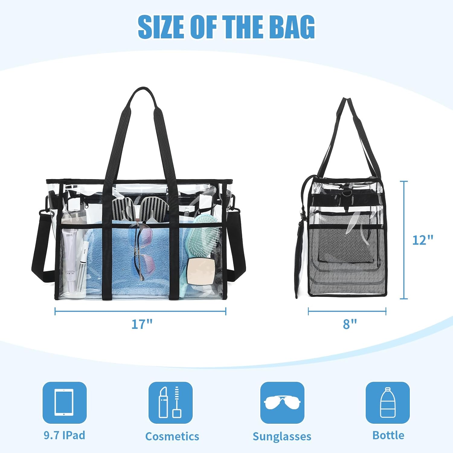Women's Clear Beach Bag, 17" Large Clear Tote Bags with Phone Pouch and Strap, Heavy Duty Waterproof for Cruise, Pool
