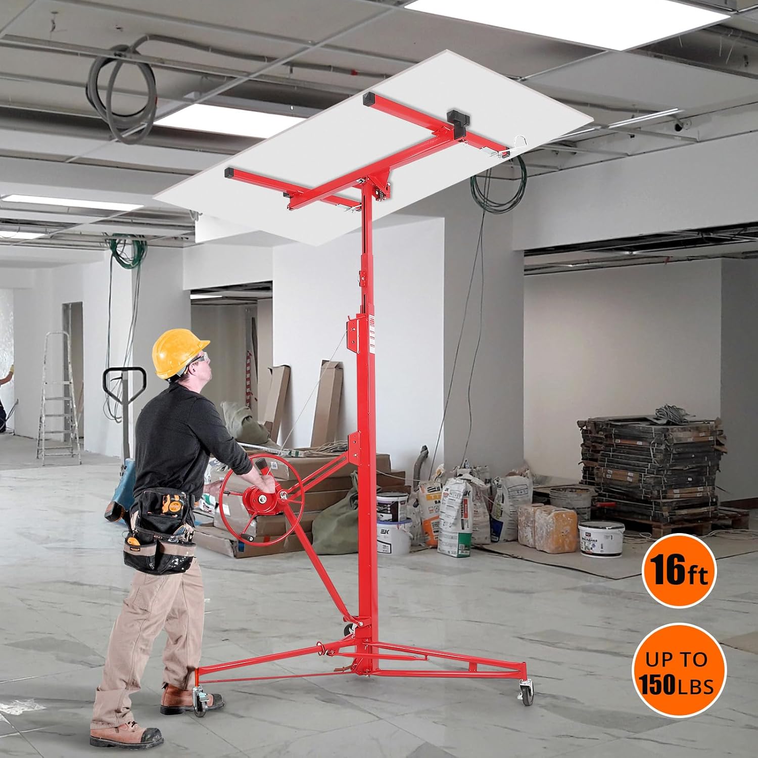 Drywall Lift 16 ft, Drywall Jack Lift for Ceiling, Adjustable Panel Hoist, 150 LBS Heavy Duty Drywall Lifter, 3 Lockable Wheels Foldable Sheetrock Lift for Home Improvement, Red