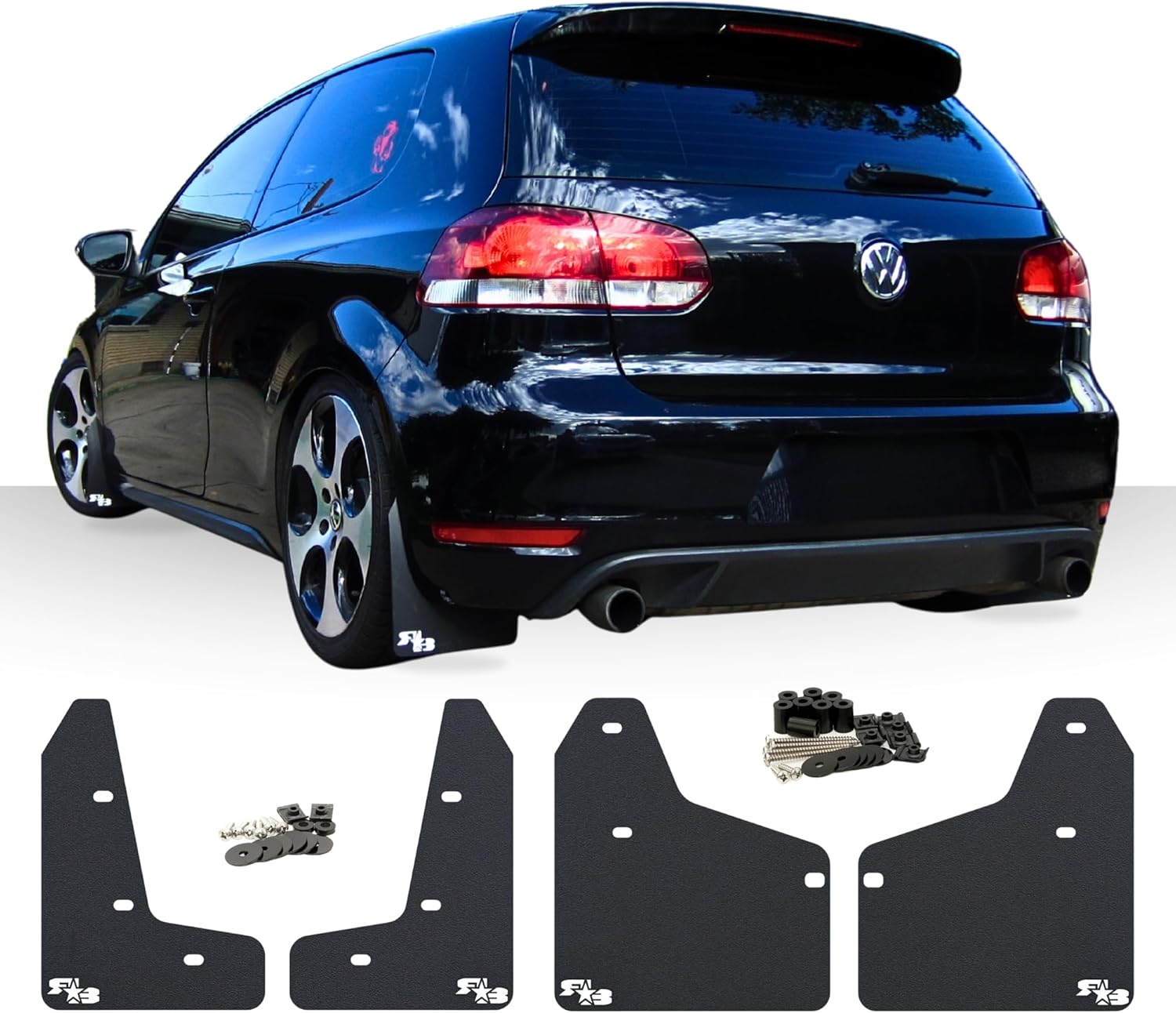 RokBlokz Mud Flaps for 2010-2014 MK6 Volkswagen Golf GTI - Multiple Colors Available - Mud Guards are Custom Cut and Fit - Includes All Mounting Hardware (Black with White Logo, Short)