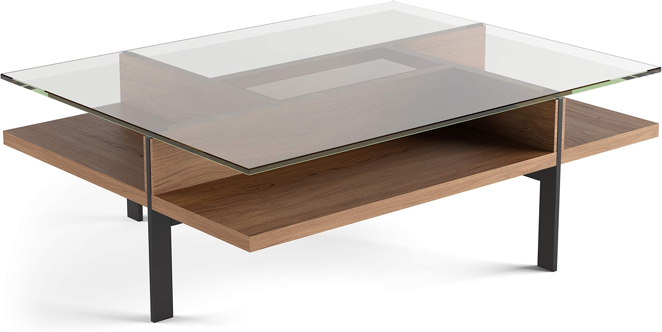 BDI FurnitureTerrace 1152-44'' x 34" Rectangular Coffee Table for Living Room, Family Room or Office with Display Storage and Tempered Glass Top, Natural Walnut
