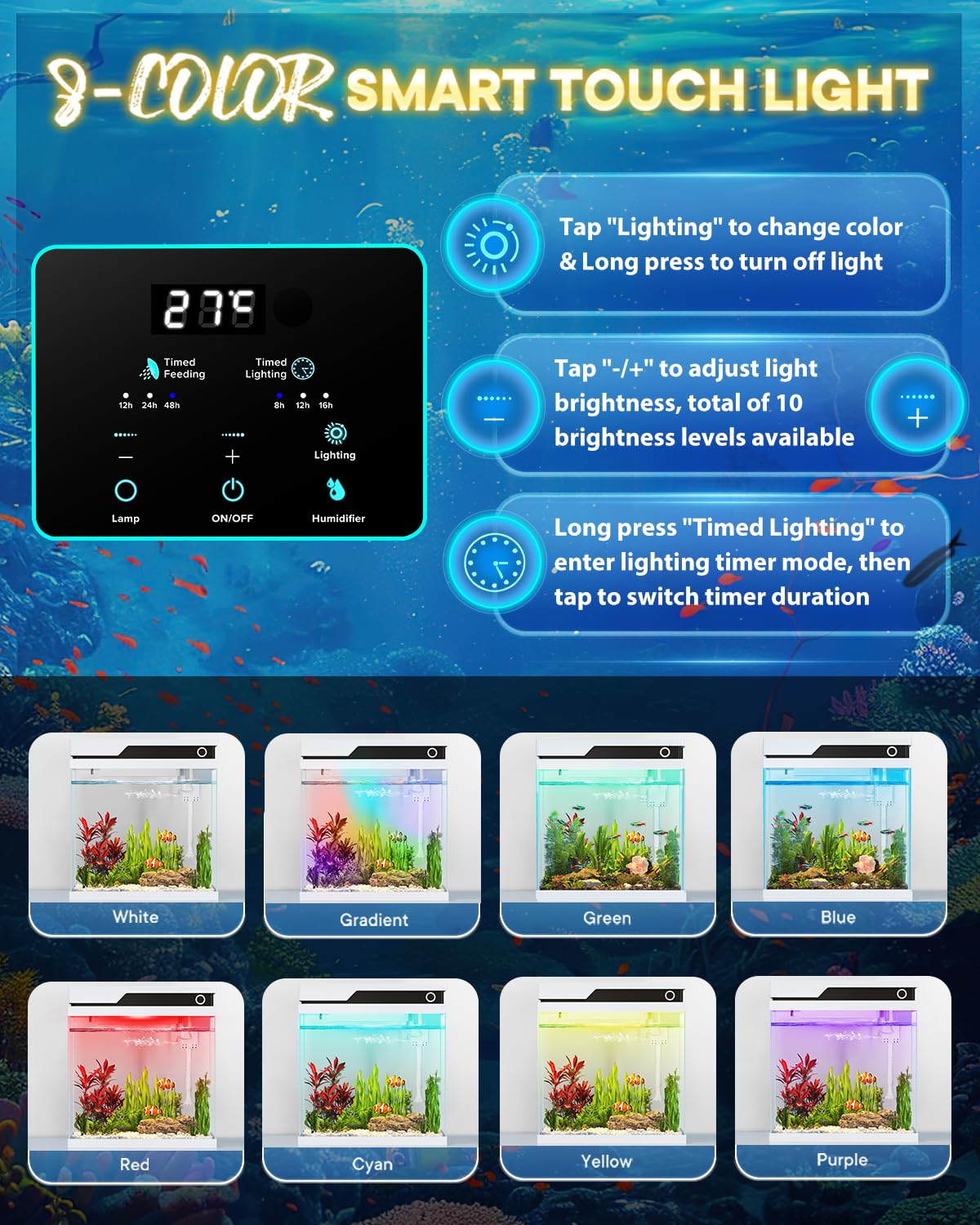 Vehipa 16L Acuario de Cristal, Pecera pequeña Completas de con Comedero Automático, Humidificador, Bomba Silenciosa 4 en 1, Indicador de Temperatura e luz 8 Colores Ajustables - 5