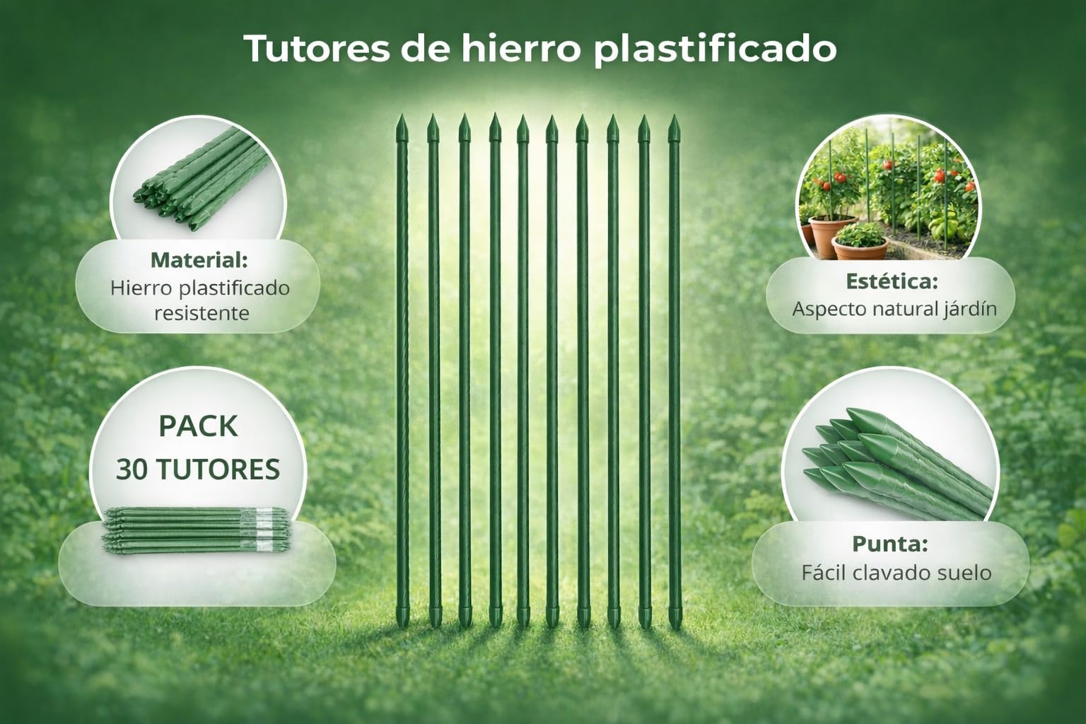 Nordiq - Pack de 30 Tutores para Plantas de 120 cm, Varilla para Huerto de Hierro Plastificado de Ø11 mm, Soporte de Tomateras y Guía de Crecimiento Vertical en Interior y Exterior