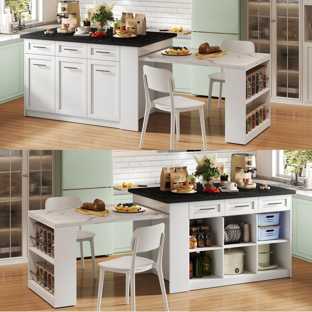 Seyakany Îlot de Cuisine Multifonctionnel avec Table à Manger Extensible Blanche de 150 cm + 96 cm, Plan de Travail/Table en Bois marbré Noir/Blanc, armoires de Rangement intégrées